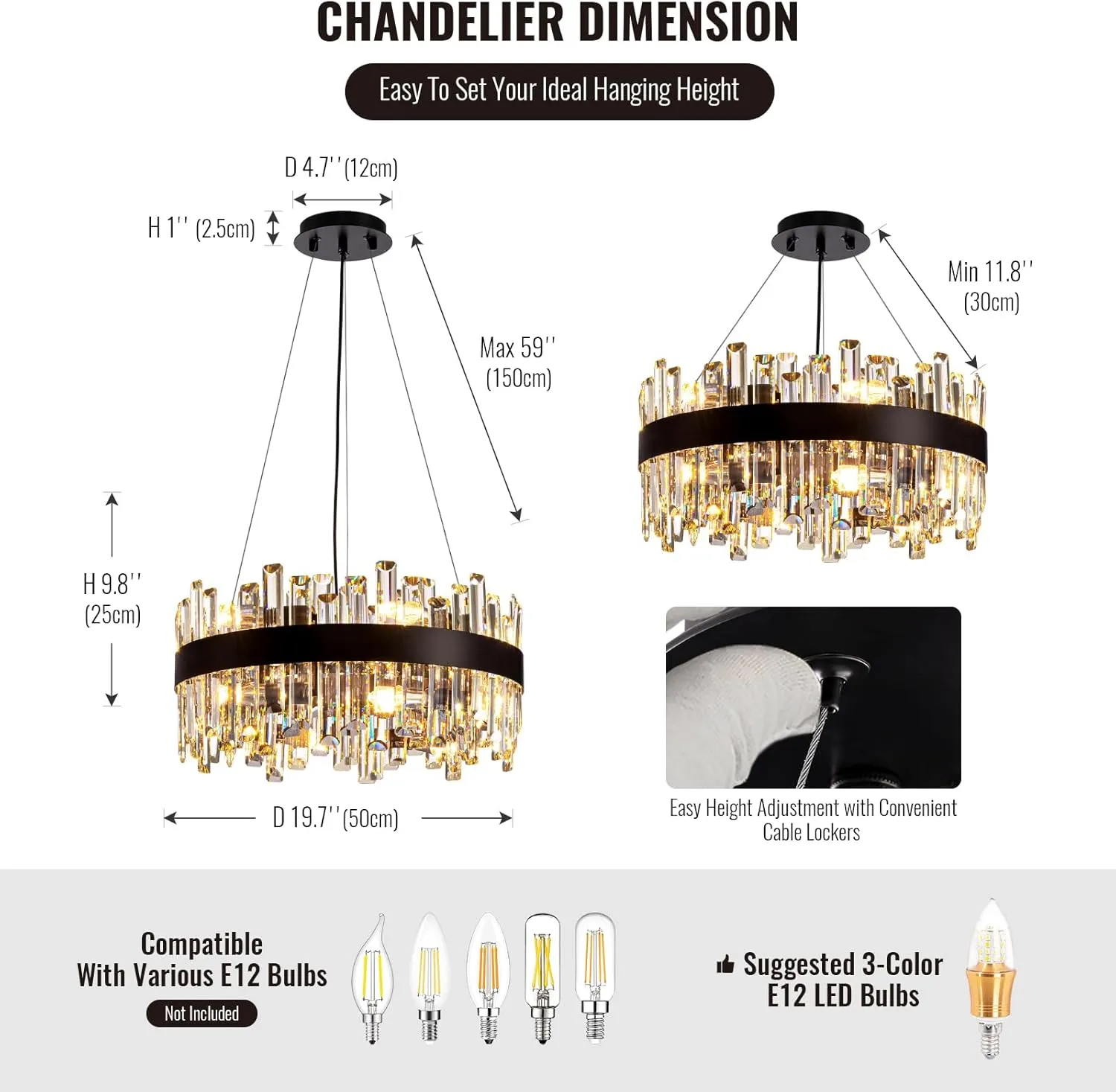 Siljoy Modern Crystal Chandelier Black Round Semi Flush Mount Pendant Ceiling Light 12 Lights Farmhouse 2 Tiers Crystal Raindrop Chandelier for Living Dining Room Island Entryway Bedroom D19.7''