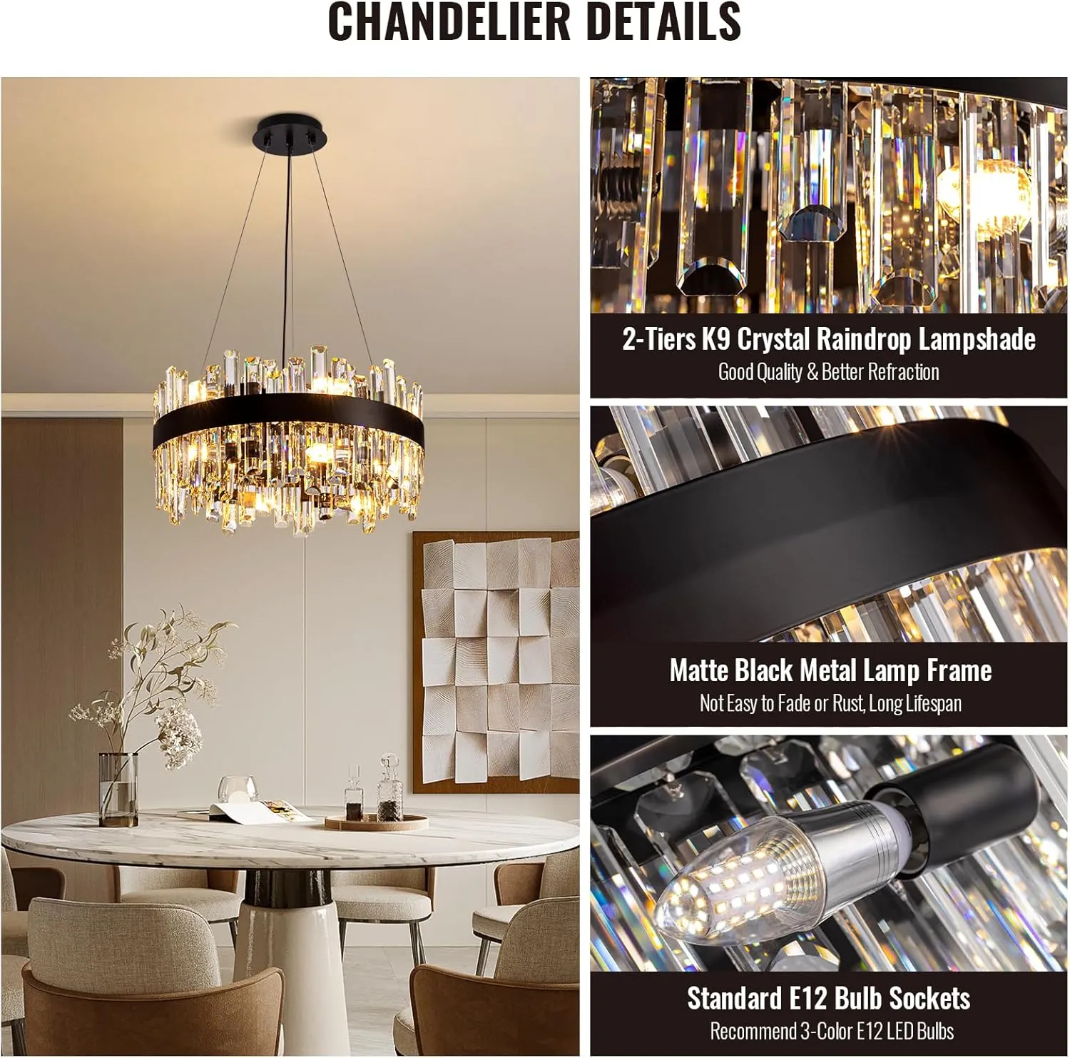 Siljoy Modern Crystal Chandelier Black Round Semi Flush Mount Pendant Ceiling Light 12 Lights Farmhouse 2 Tiers Crystal Raindrop Chandelier for Living Dining Room Island Entryway Bedroom D19.7''