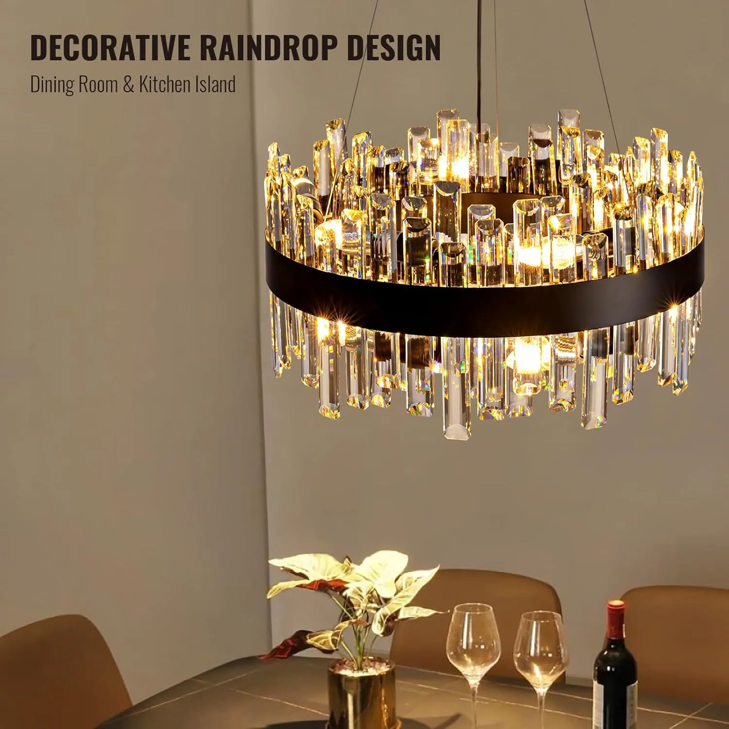 Siljoy Modern Crystal Chandelier Black Round Semi Flush Mount Pendant Ceiling Light 12 Lights Farmhouse 2 Tiers Crystal Raindrop Chandelier for Living Dining Room Island Entryway Bedroom D19.7''