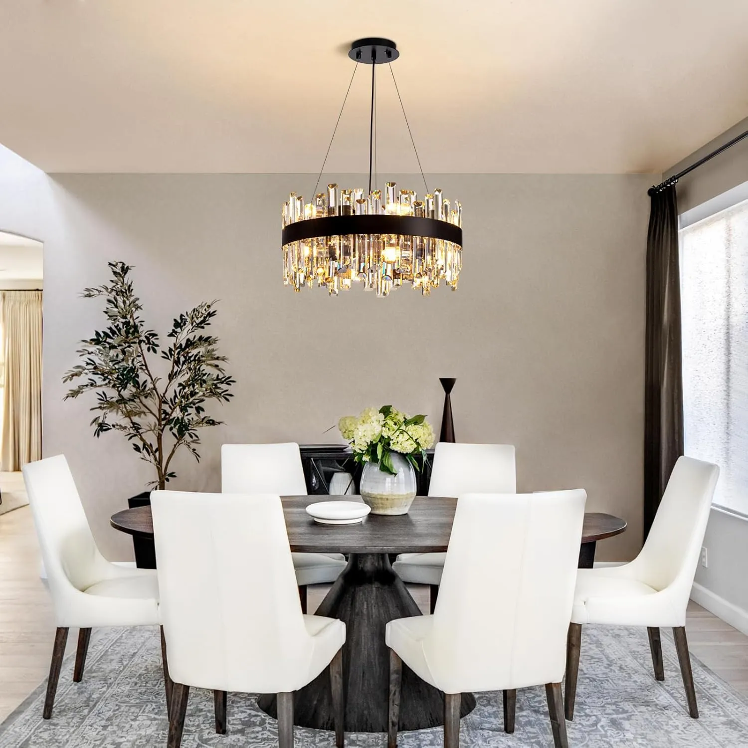 Siljoy Modern Crystal Chandelier Black Round Semi Flush Mount Pendant Ceiling Light 12 Lights Farmhouse 2 Tiers Crystal Raindrop Chandelier for Living Dining Room Island Entryway Bedroom D19.7''