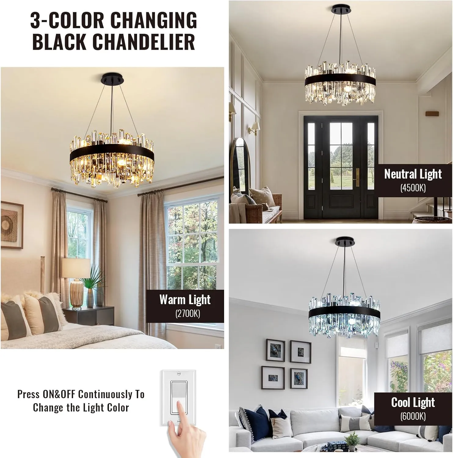 Siljoy Modern Crystal Chandelier Black Round Semi Flush Mount Pendant Ceiling Light 12 Lights Farmhouse 2 Tiers Crystal Raindrop Chandelier for Living Dining Room Island Entryway Bedroom D19.7''