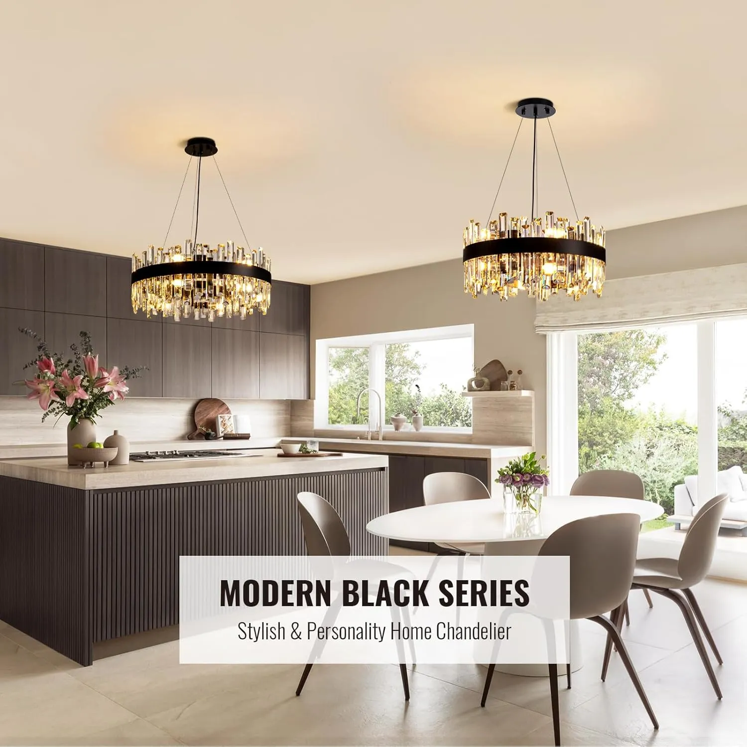 Siljoy Modern Crystal Chandelier Black Round Semi Flush Mount Pendant Ceiling Light 12 Lights Farmhouse 2 Tiers Crystal Raindrop Chandelier for Living Dining Room Island Entryway Bedroom D19.7''