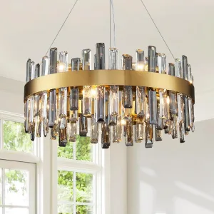Siljoy Modern Crystal Chandeliers, 12 Lights Brass Gold Raindrop Crystal Chandelier Lighting, Adjustable Hanging Pendant Light Fixture for Dining Room Living Room Kitchen Island D23.6''