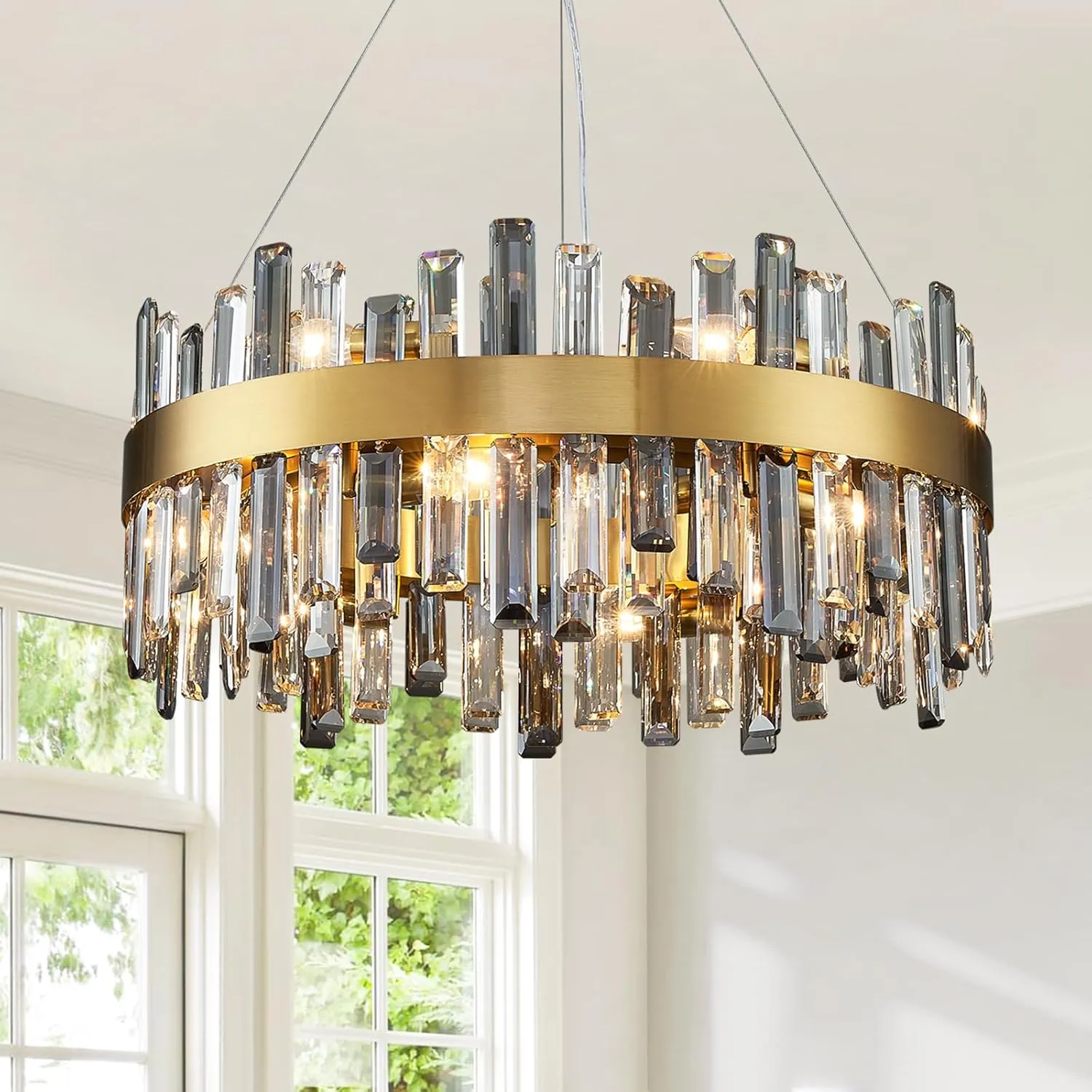 Siljoy Modern Crystal Chandeliers, 12 Lights Brass Gold Raindrop Crystal Chandelier Lighting, Adjustable Hanging Pendant Light Fixture for Dining Room Living Room Kitchen Island D23.6''