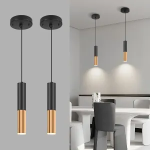 Simple and Modern Black Cylindrical Pendant, 1-Light Chandelier with Adjustable Rope, Matching GU10 Sockets for Living Room, Bedroom and Dining Room (Wide Beam Angle) (2 Pack)