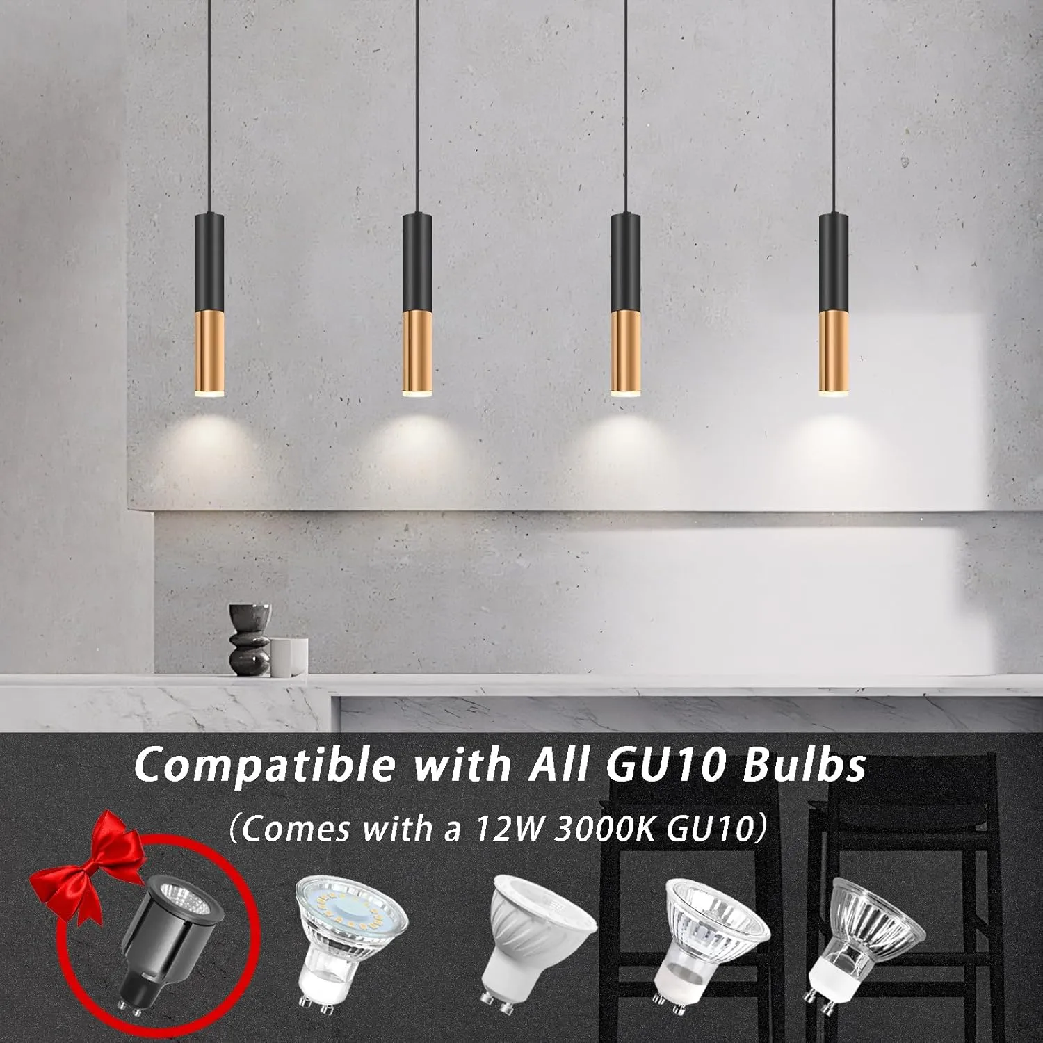Simple and Modern Black Cylindrical Pendant, 1-Light Chandelier with Adjustable Rope, Matching GU10 Sockets for Living Room, Bedroom and Dining Room (Wide Beam Angle) (2 Pack)