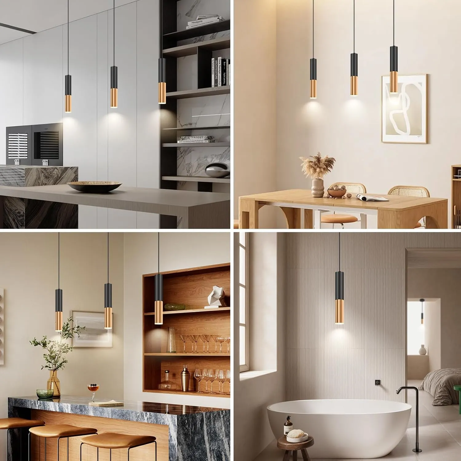 Simple and Modern Black Cylindrical Pendant, 1-Light Chandelier with Adjustable Rope, Matching GU10 Sockets for Living Room, Bedroom and Dining Room (Wide Beam Angle) (2 Pack)