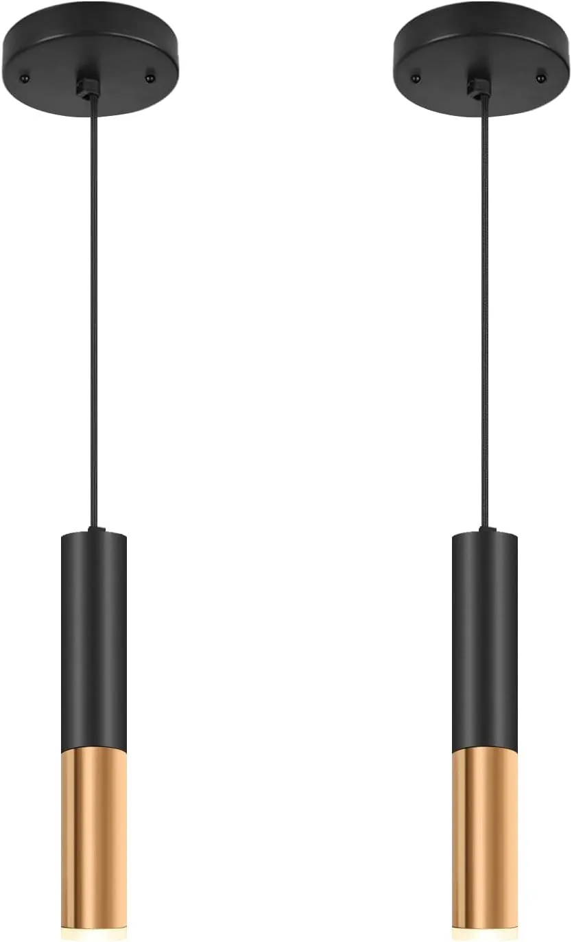 Simple and Modern Black Cylindrical Pendant, 1-Light Chandelier with Adjustable Rope, Matching GU10 Sockets for Living Room, Bedroom and Dining Room (Wide Beam Angle) (2 Pack)