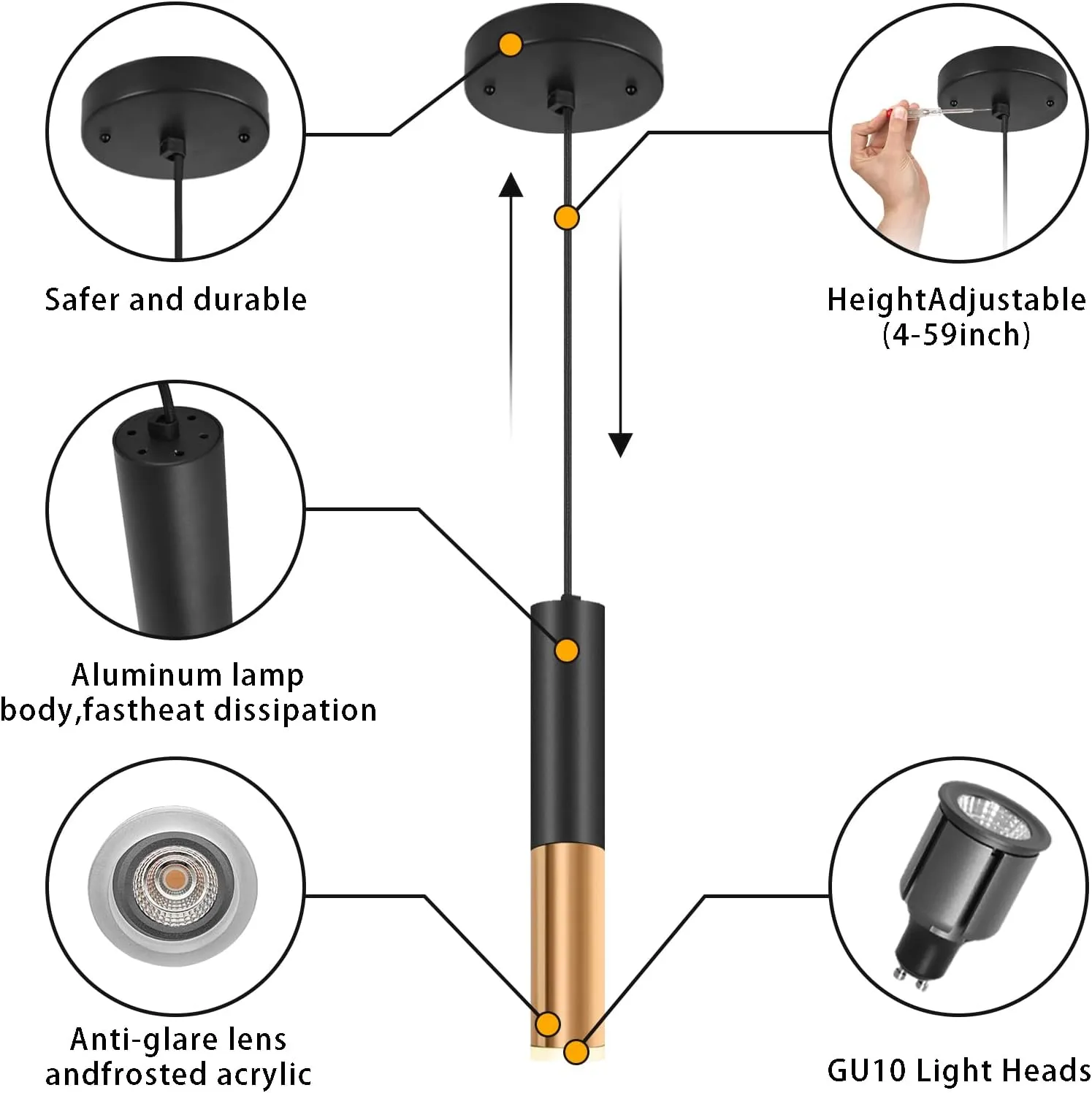 Simple and Modern Black Cylindrical Pendant, 1-Light Chandelier with Adjustable Rope, Matching GU10 Sockets for Living Room, Bedroom and Dining Room (Wide Beam Angle) (2 Pack)