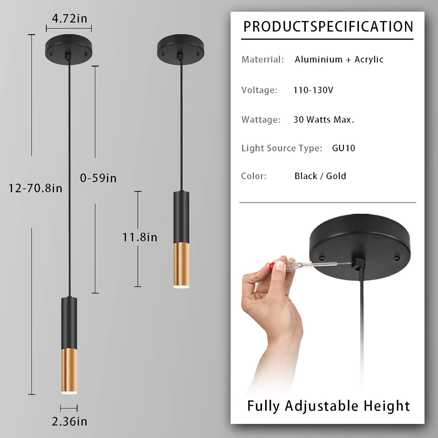 Simple and Modern Black Cylindrical Pendant, 1-Light Chandelier with Adjustable Rope, Matching GU10 Sockets for Living Room, Bedroom and Dining Room (Wide Beam Angle) (2 Pack)