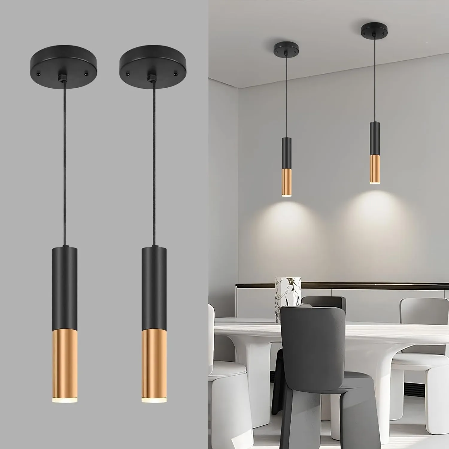Simple and Modern Black Cylindrical Pendant, 1-Light Chandelier with Adjustable Rope, Matching GU10 Sockets for Living Room, Bedroom and Dining Room (Wide Beam Angle) (2 Pack)