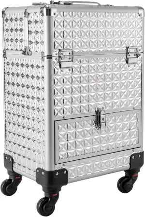 Sliver Rolling Makeup Train Case,Salon Cosmetic Trolley Organizer Box, Manicure Storage Case Polish Organizer Makeup Trolley for Studio or Travelling Nail Technician Artists