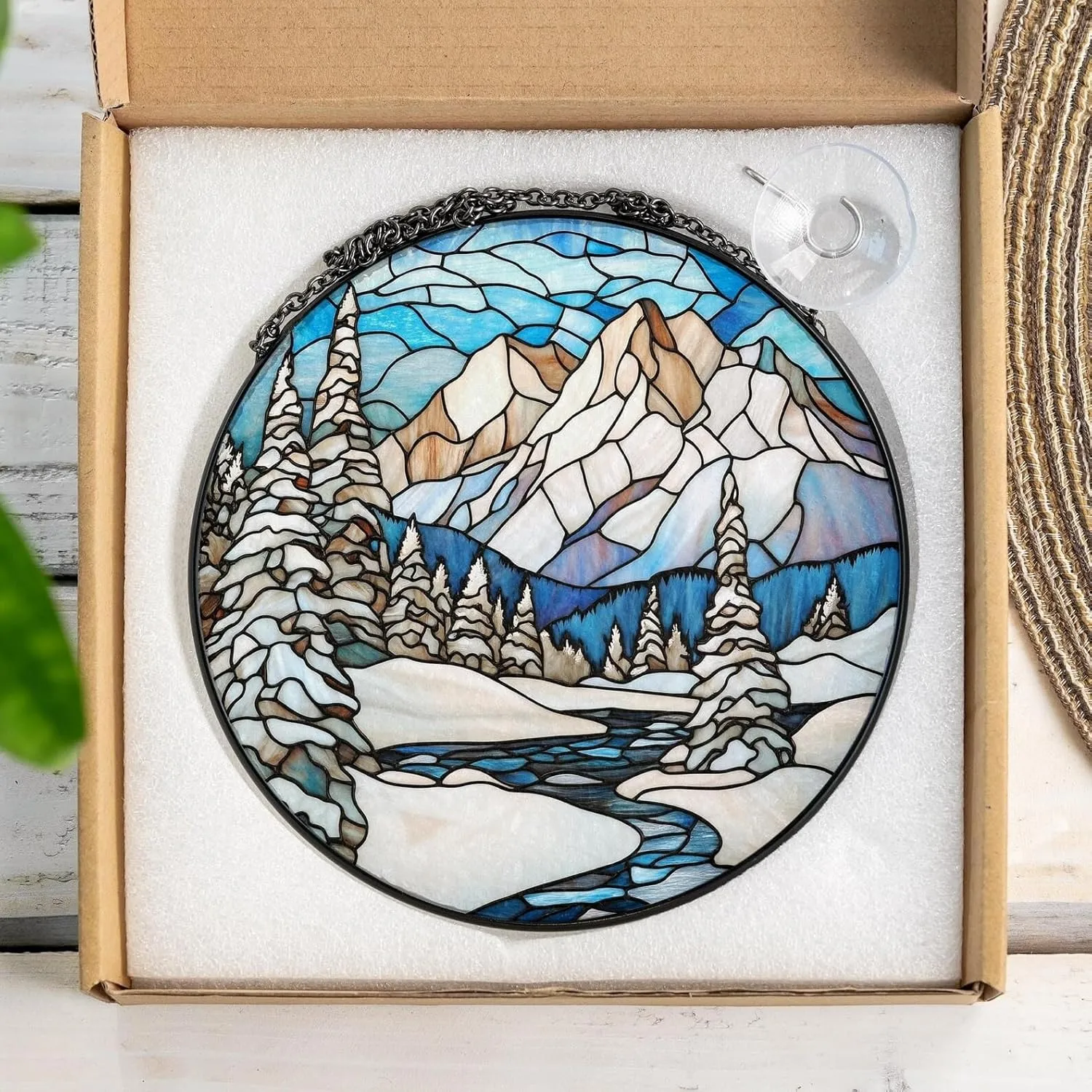 Snowy Mountain Range Stained Glass Suncatcher, Winter Landscape Suncatcher Window Hanging, Holiday Decor, Unique, Nature Window Art Stained Glass, Gift for Mom Dad Sister