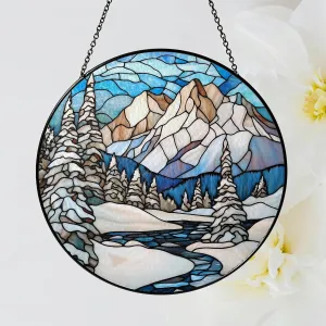 Snowy Mountain Range Stained Glass Suncatcher, Winter Landscape Suncatcher Window Hanging, Holiday Decor, Unique, Nature Window Art Stained Glass, Gift for Mom Dad Sister