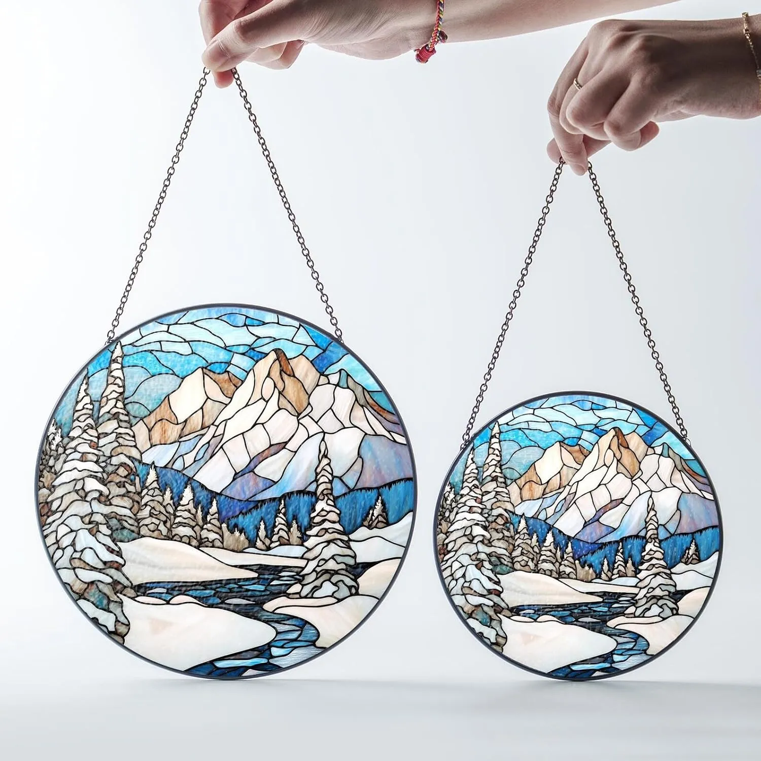 Snowy Mountain Range Stained Glass Suncatcher, Winter Landscape Suncatcher Window Hanging, Holiday Decor, Unique, Nature Window Art Stained Glass, Gift for Mom Dad Sister