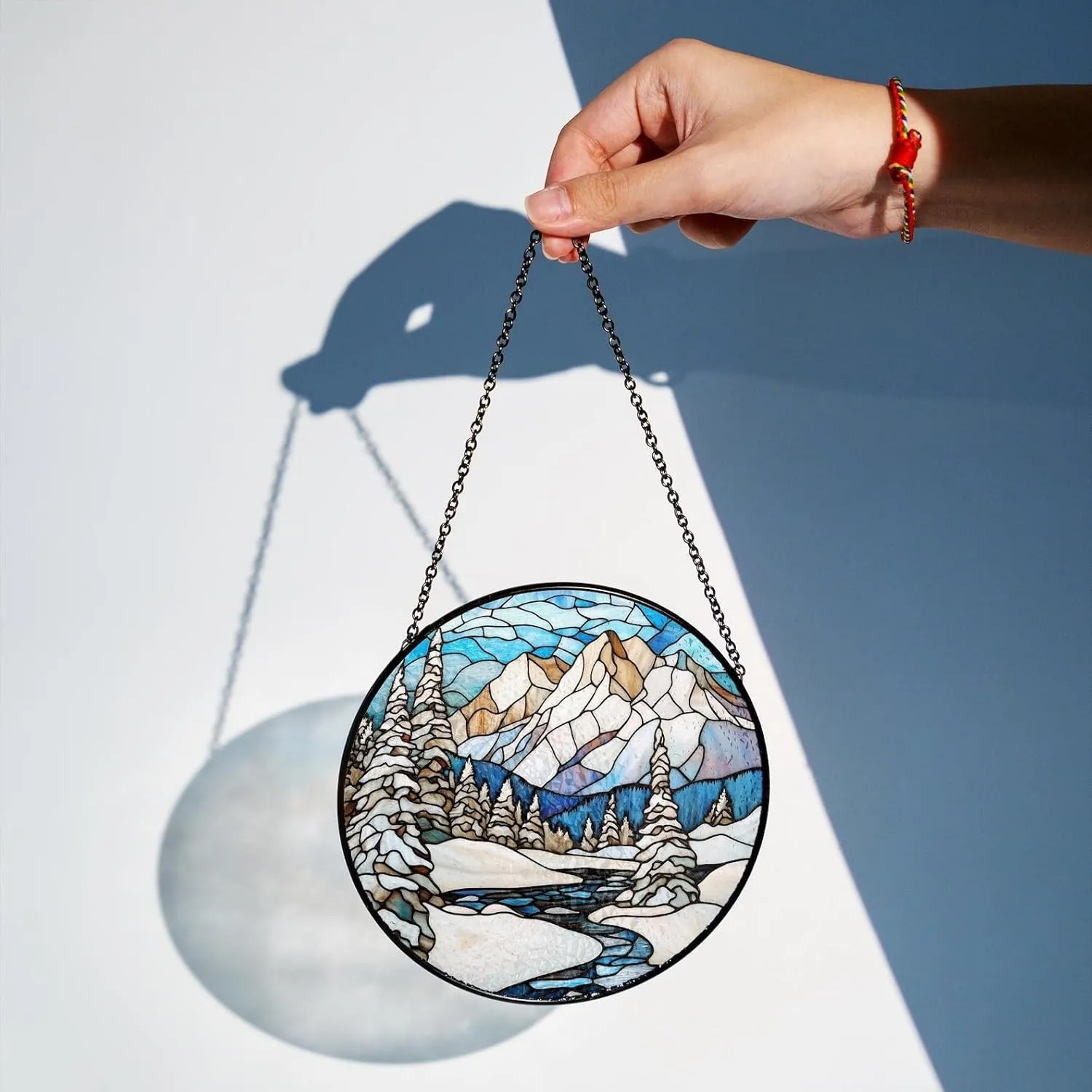 Snowy Mountain Range Stained Glass Suncatcher, Winter Landscape Suncatcher Window Hanging, Holiday Decor, Unique, Nature Window Art Stained Glass, Gift for Mom Dad Sister