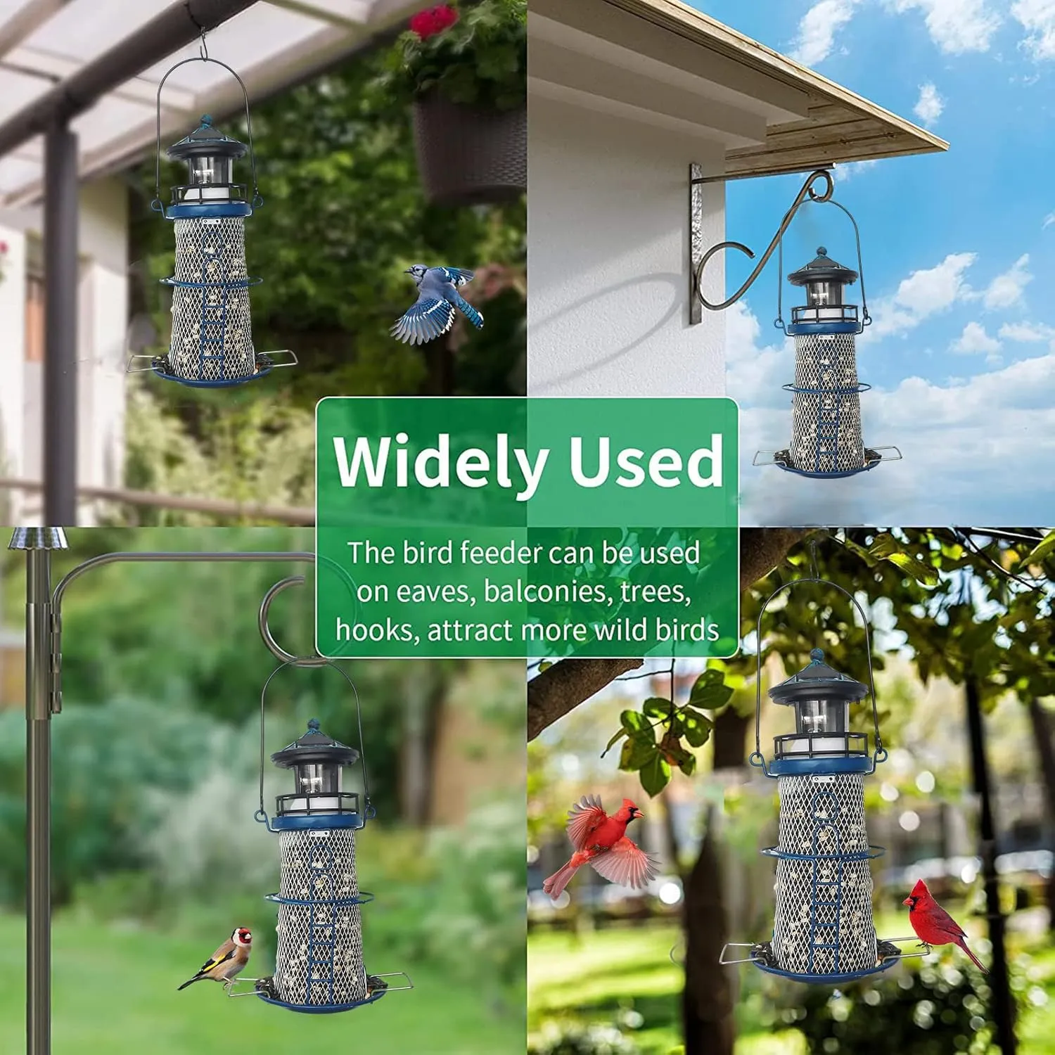 Solar Bird Feeder Lighthouse with Rotating Beacon LED Light, Outdoors Hanging, 14" Lighthouse Gifts for Bird Lover (Blue)
