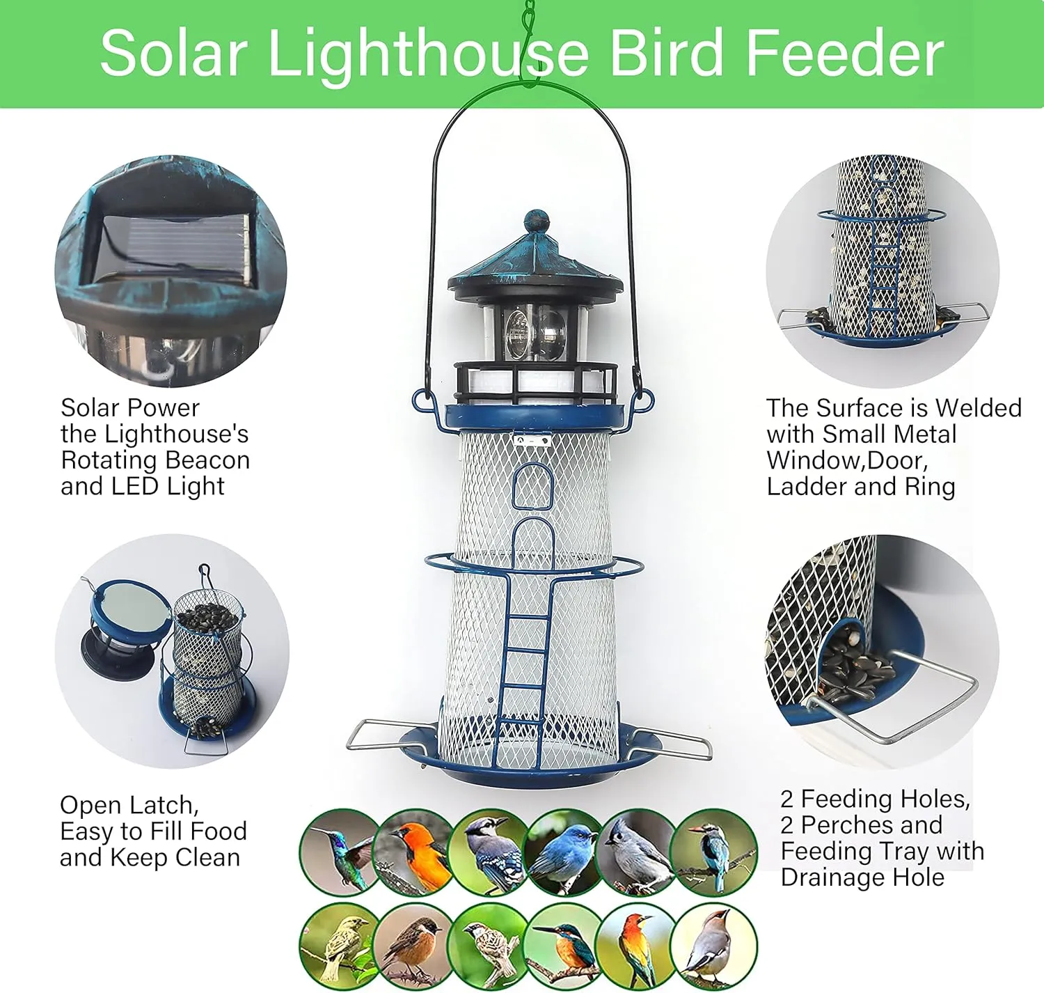 Solar Bird Feeder Lighthouse with Rotating Beacon LED Light, Outdoors Hanging, 14" Lighthouse Gifts for Bird Lover (Blue)