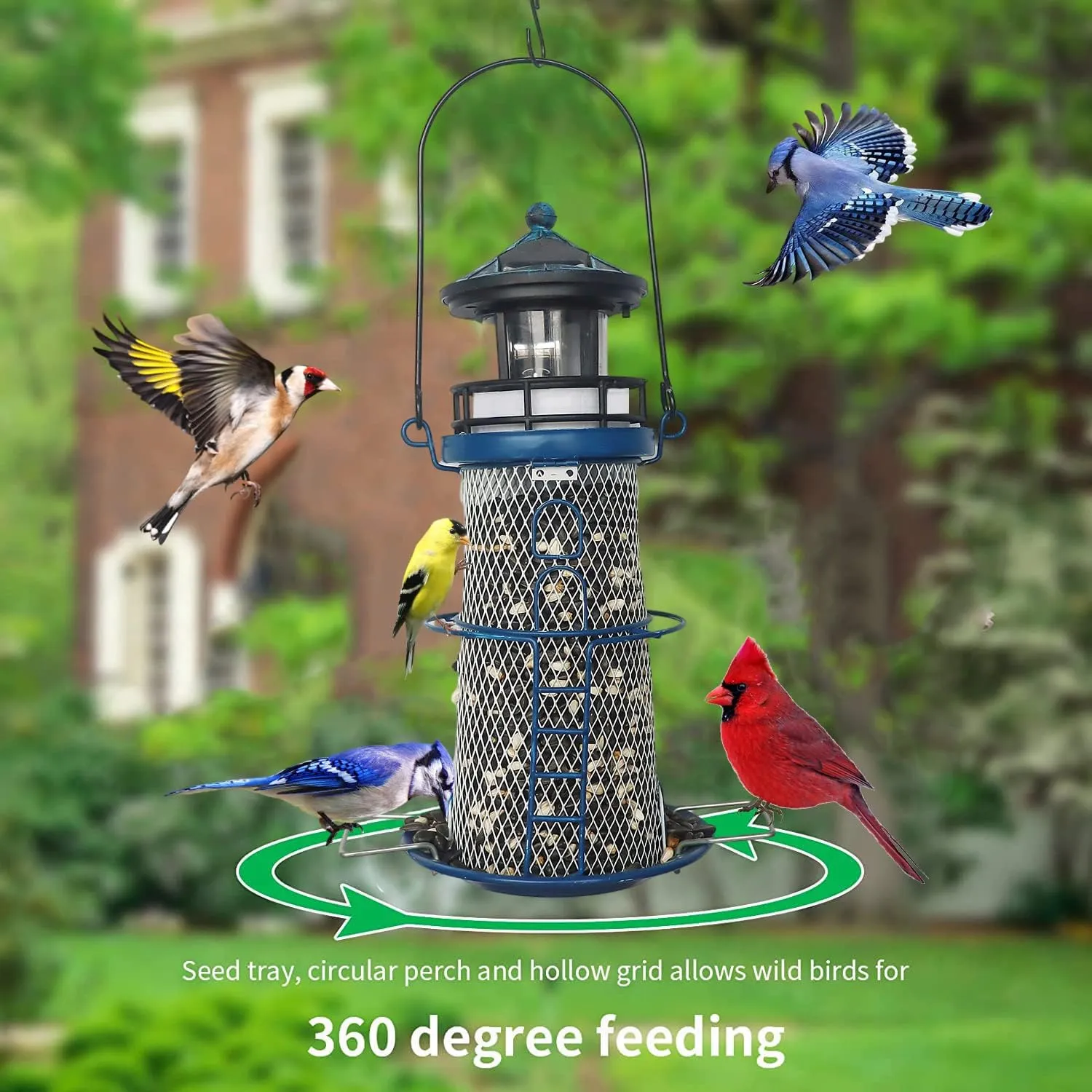 Solar Bird Feeder Lighthouse with Rotating Beacon LED Light, Outdoors Hanging, 14" Lighthouse Gifts for Bird Lover (Blue)