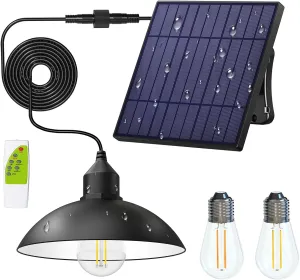 Solar Shed Light Outdoor Pendant Light with 4000mAh Solar Panel Warm/White Dimmable with Remote, Solar Powered Hanging Barn Light with Remote for Shed, 1 Pack