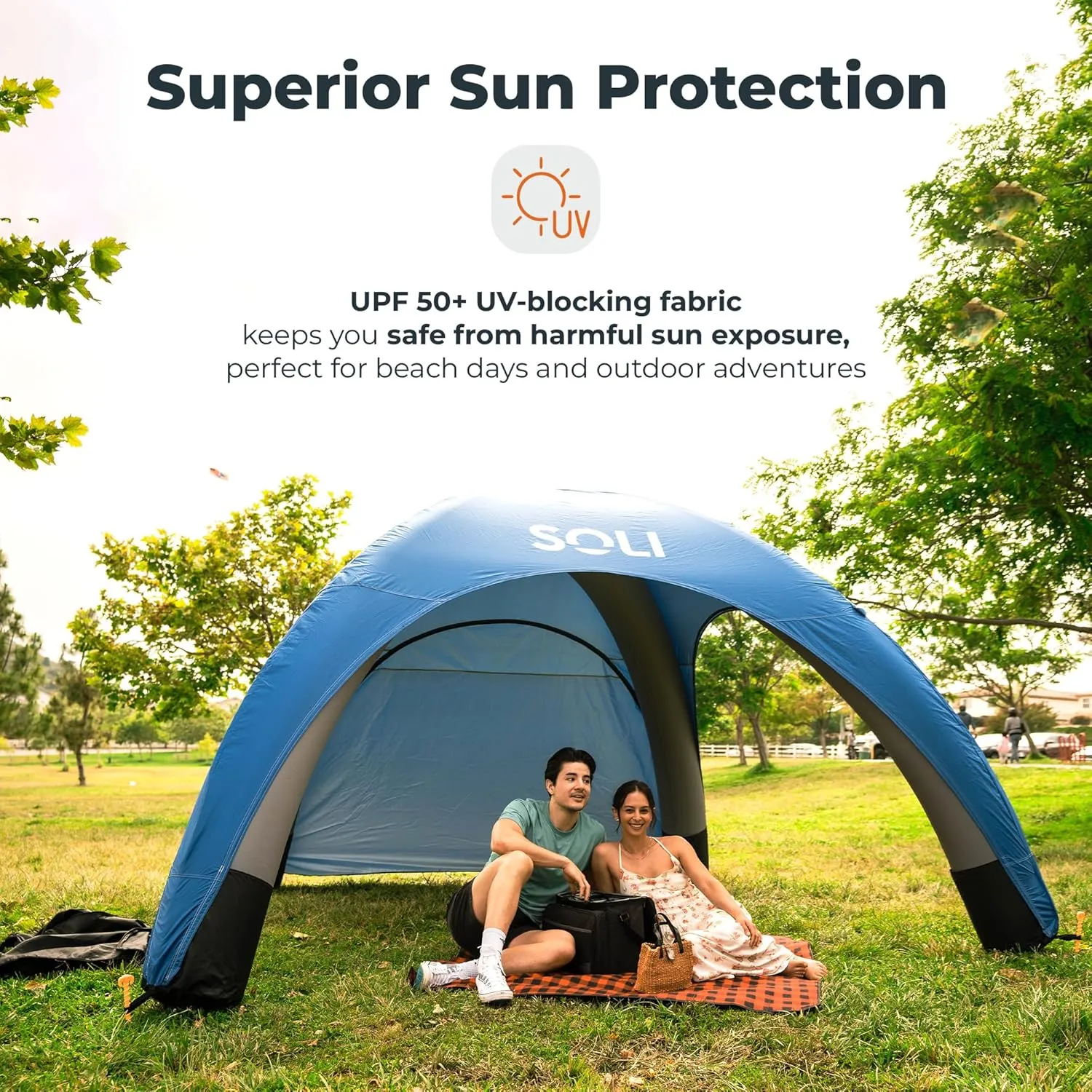 SOLI Inflatable Shade Air Canopy – Quick Self-Inflating Sun Shelter with Air Pump, UPF 50  Sun Protection, Travel-Friendly, Stable Anchors for Beach, Camping & Backyard Use (Heat Wave Orange)