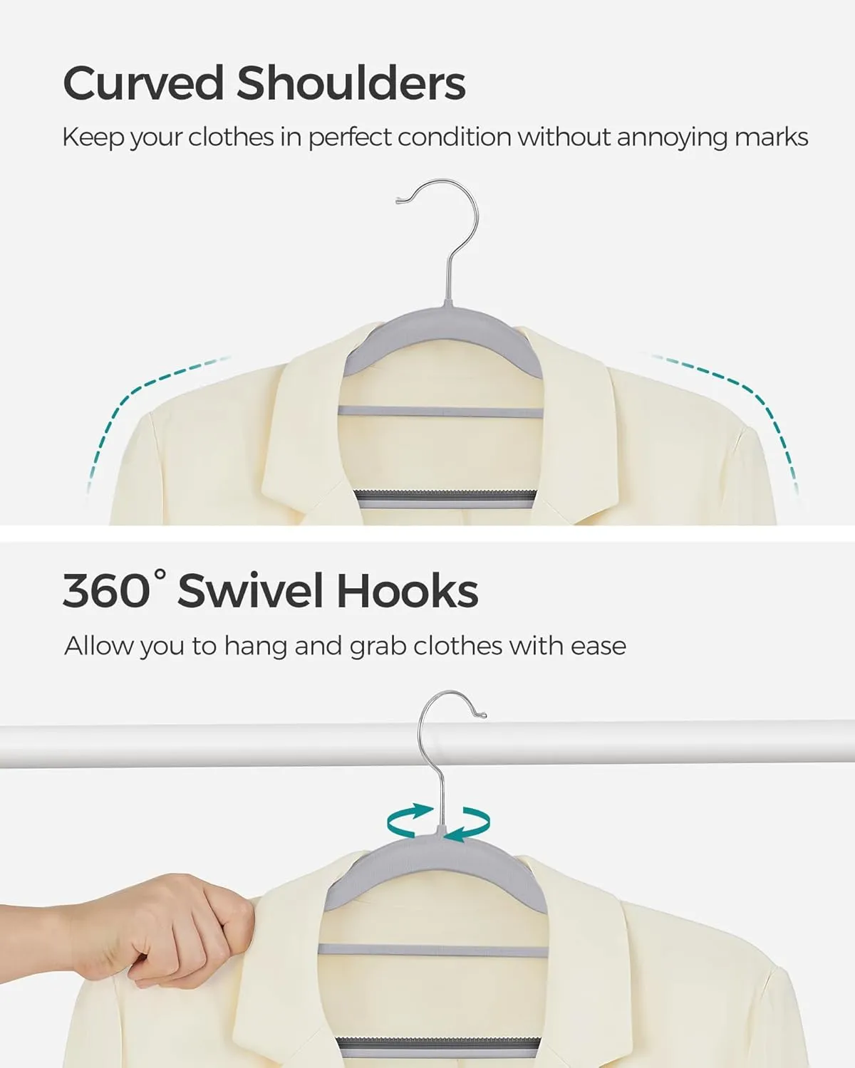 SONGMICS Pack of 50 Coat Hangers, Space-Saving Plastic Clothes Hangers, Non-Slip, 0.2 Inches Slim, 16.5 Inches Wide, 360° Swivel Silver Hook, Light and Dark Gray UCRP20G50