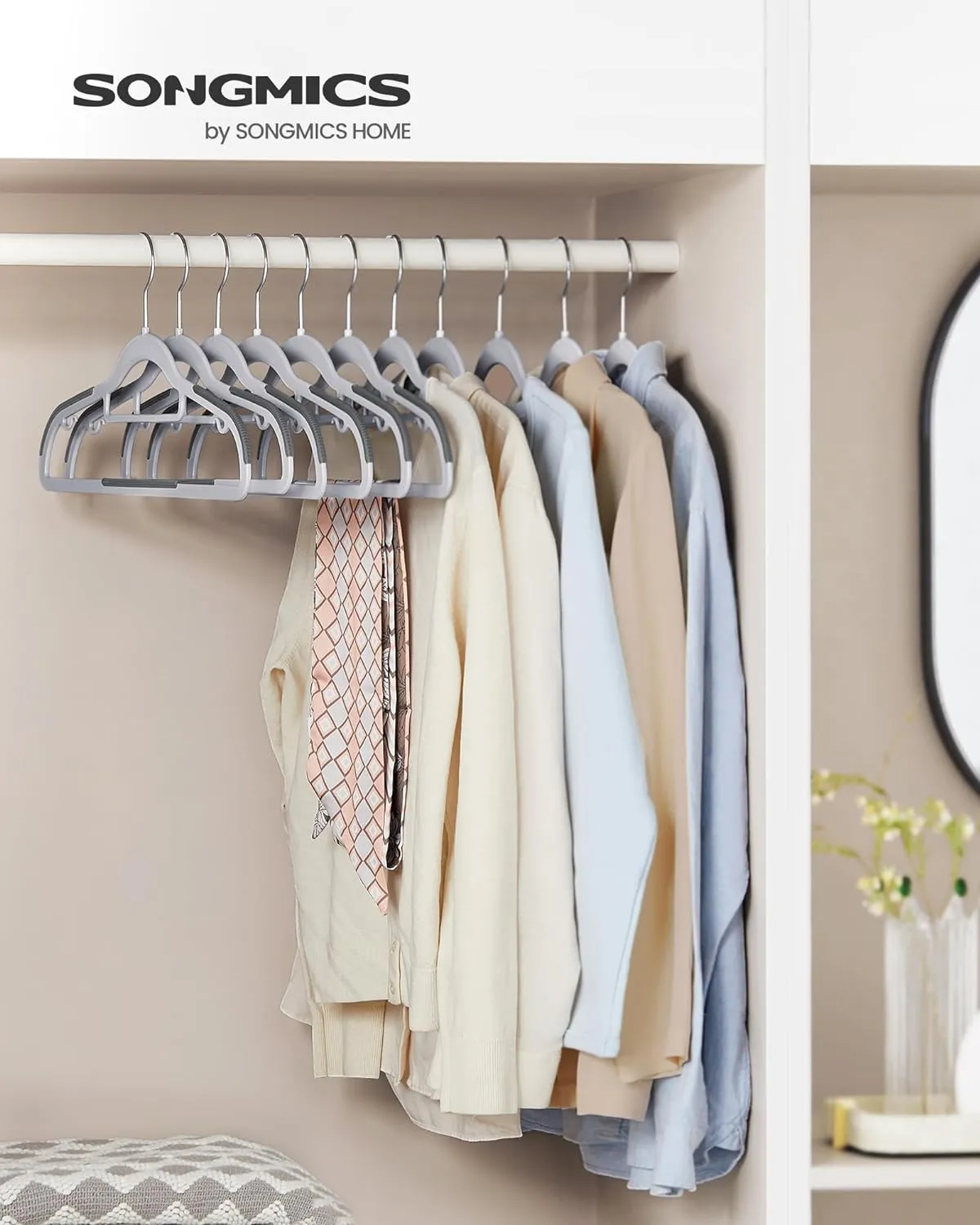 SONGMICS Pack of 50 Coat Hangers, Space-Saving Plastic Clothes Hangers, Non-Slip, 0.2 Inches Slim, 16.5 Inches Wide, 360° Swivel Silver Hook, Light and Dark Gray UCRP20G50