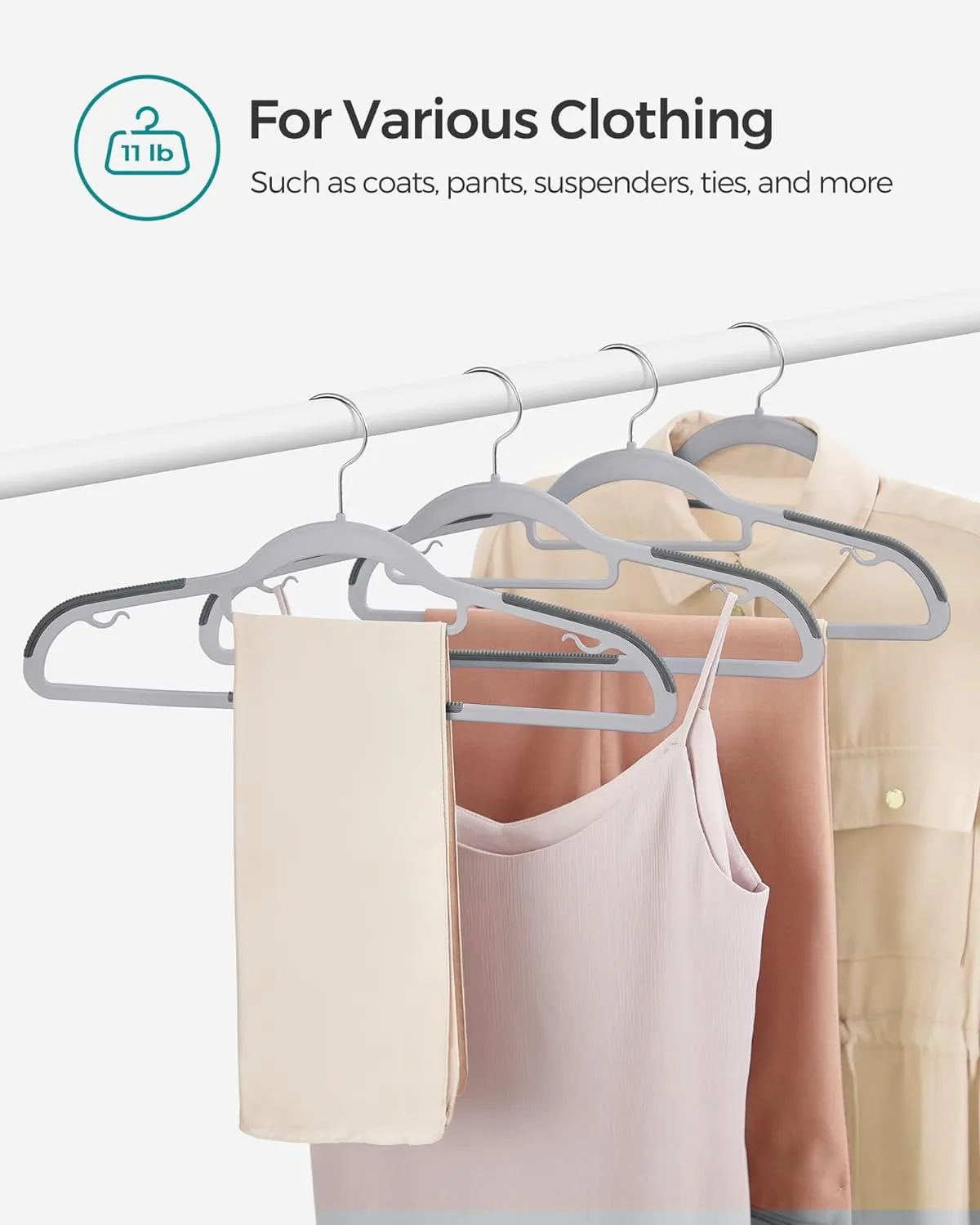 SONGMICS Pack of 50 Coat Hangers, Space-Saving Plastic Clothes Hangers, Non-Slip, 0.2 Inches Slim, 16.5 Inches Wide, 360° Swivel Silver Hook, Light and Dark Gray UCRP20G50
