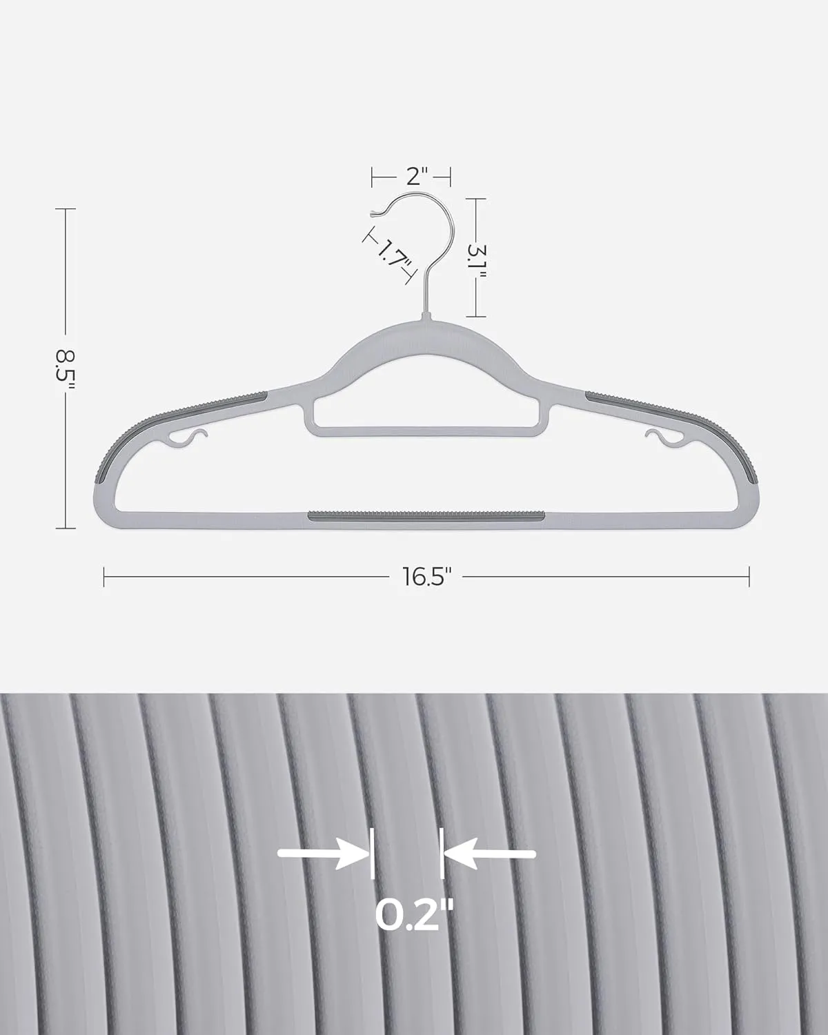 SONGMICS Pack of 50 Coat Hangers, Space-Saving Plastic Clothes Hangers, Non-Slip, 0.2 Inches Slim, 16.5 Inches Wide, 360° Swivel Silver Hook, Light and Dark Gray UCRP20G50