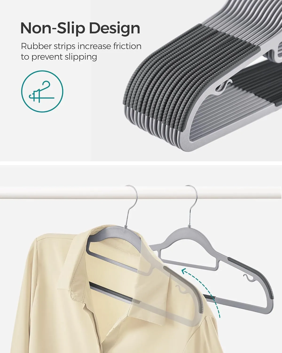 SONGMICS Pack of 50 Coat Hangers, Space-Saving Plastic Clothes Hangers, Non-Slip, 0.2 Inches Slim, 16.5 Inches Wide, 360° Swivel Silver Hook, Light and Dark Gray UCRP20G50