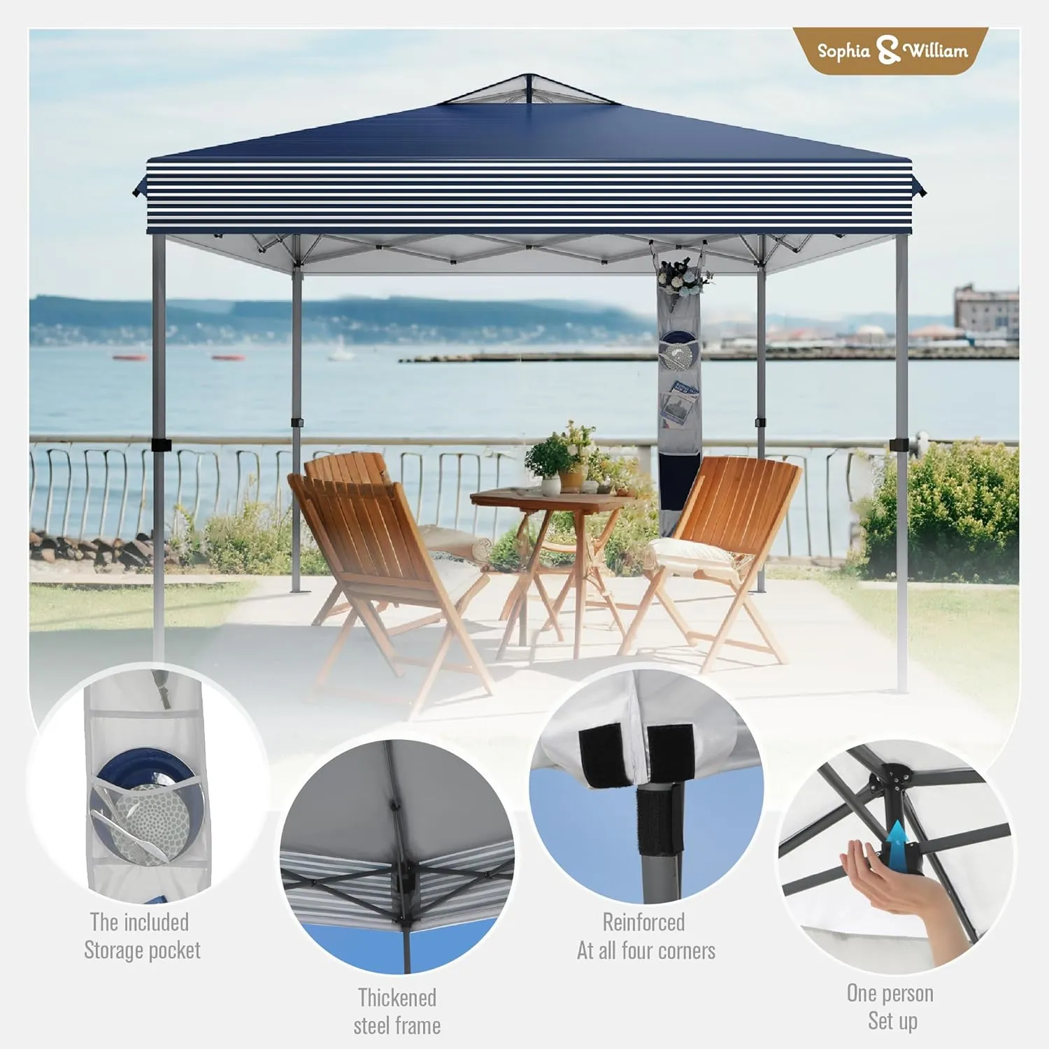 Sophia & William Canopy Tent Pop Up 10x10 ft One Person Push Set Up Tent, Outdoor Canopies Shelter Heavy Duty Straight Legs with 4 Sandbags & Guy Ropes, 1 Roller Bag & Storage Bag, 8 Stakes UPF50 