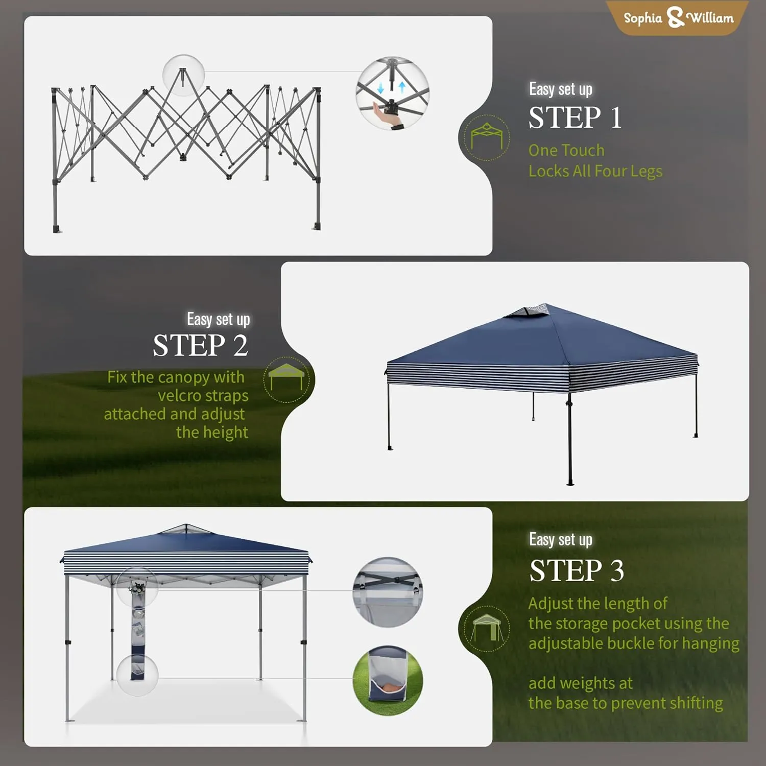 Sophia & William Canopy Tent Pop Up 10x10 ft One Person Push Set Up Tent, Outdoor Canopies Shelter Heavy Duty Straight Legs with 4 Sandbags & Guy Ropes, 1 Roller Bag & Storage Bag, 8 Stakes UPF50 