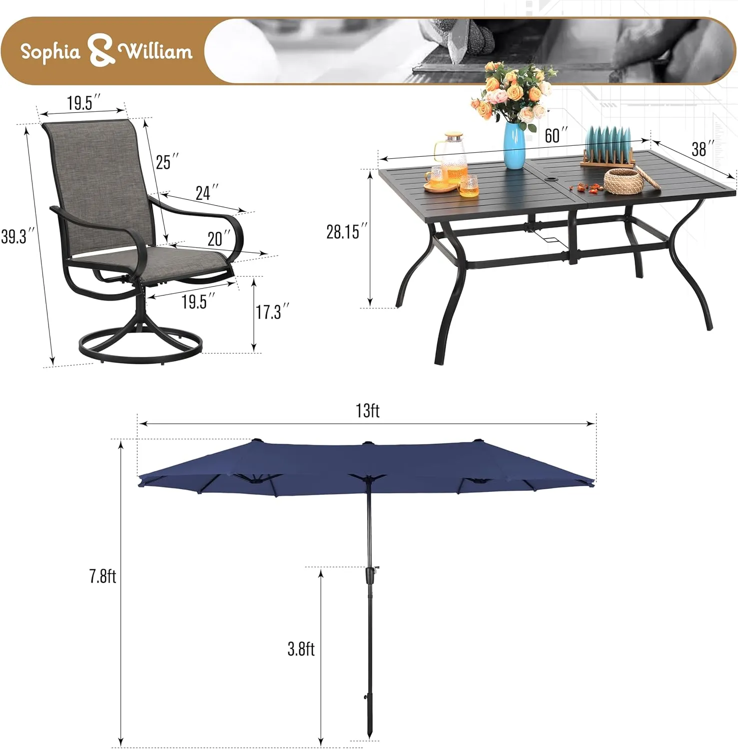 Sophia & William Patio Set with Umbrella 8 Pieces Outdoor Dining Set for 6 with 13ft Double-Sided Patio Umbrella Navy, 6 x Swivel Patio Chairs, 1 Metal Table for Lawn Garden