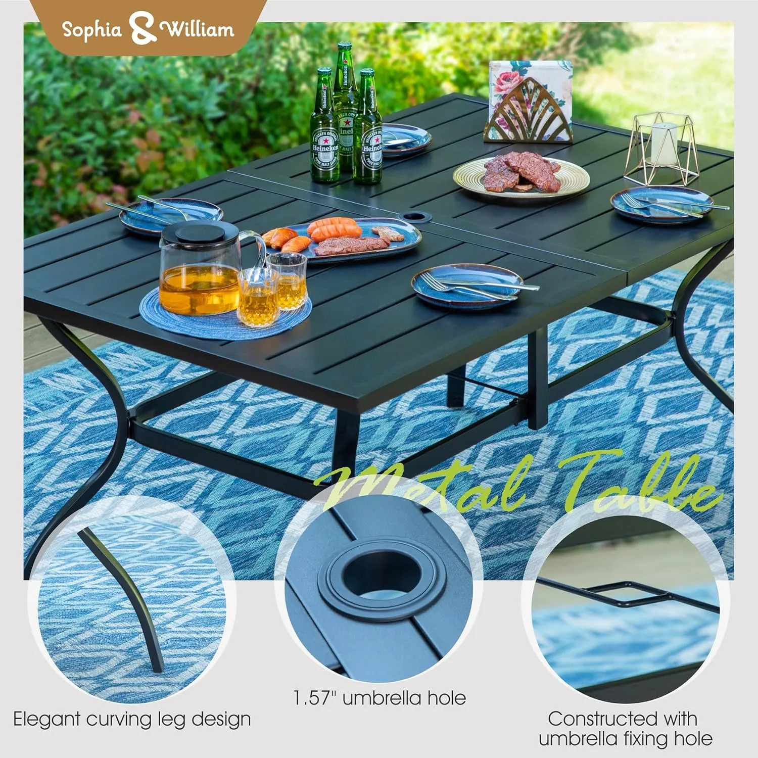 Sophia & William Patio Set with Umbrella 8 Pieces Outdoor Dining Set for 6 with 13ft Double-Sided Patio Umbrella Navy, 6 x Swivel Patio Chairs, 1 Metal Table for Lawn Garden
