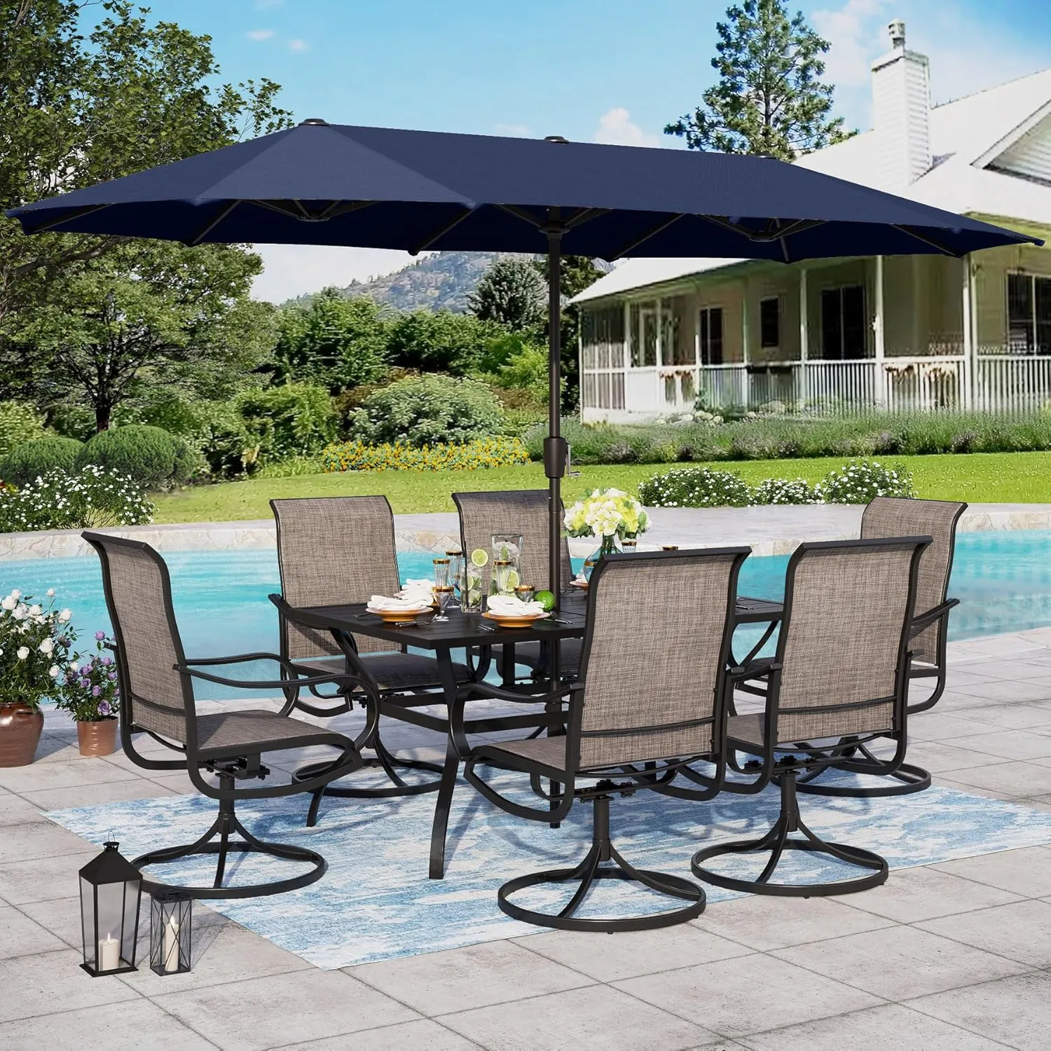 Sophia & William Patio Set with Umbrella 8 Pieces Outdoor Dining Set for 6 with 13ft Double-Sided Patio Umbrella Navy, 6 x Swivel Patio Chairs, 1 Metal Table for Lawn Garden