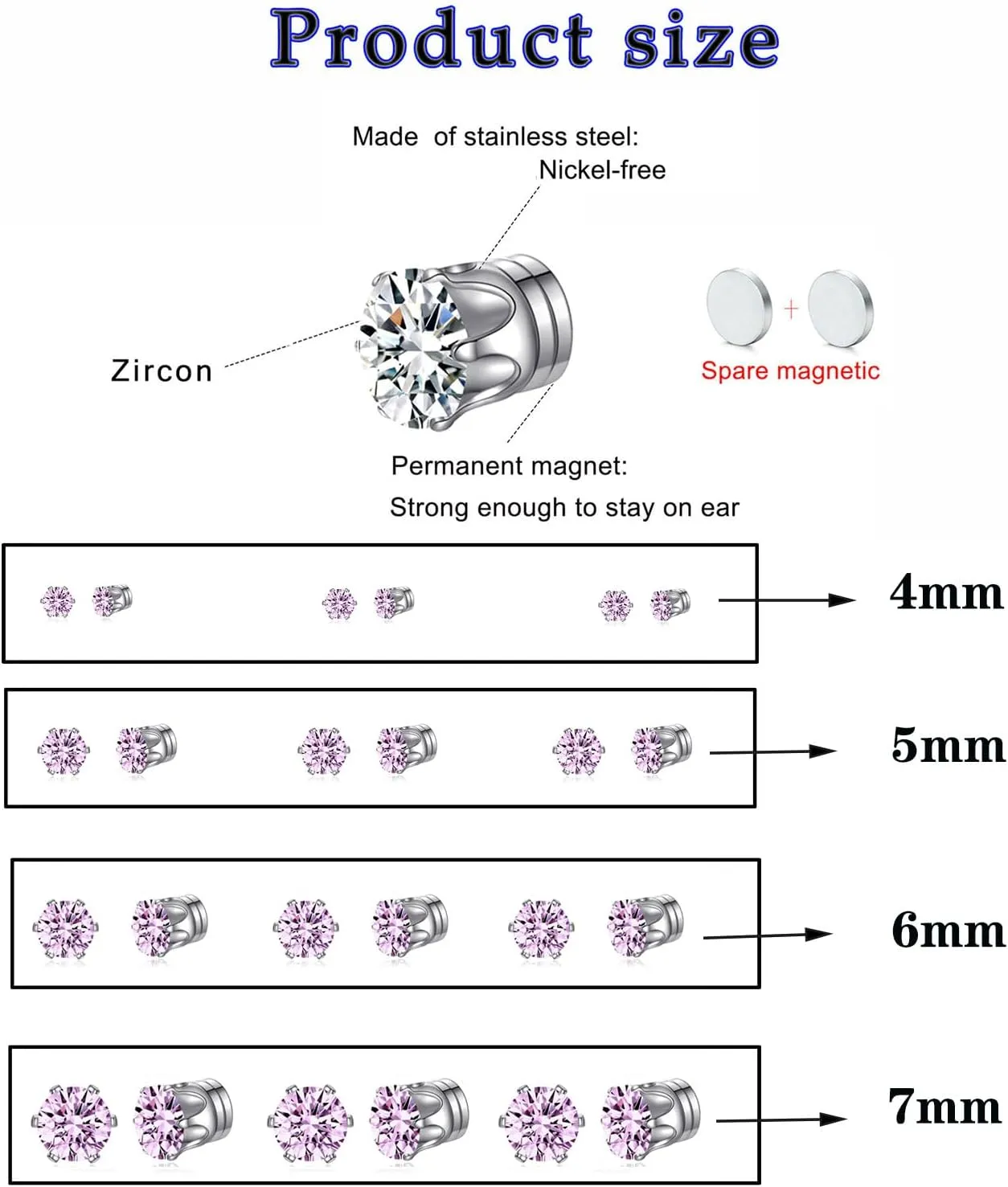 Spiritlele 12 Pairs Small Big Cubic Zirconia Magnetic Earrings Clip on Non Piercing Earrings Set Unisex 4MM-7MM