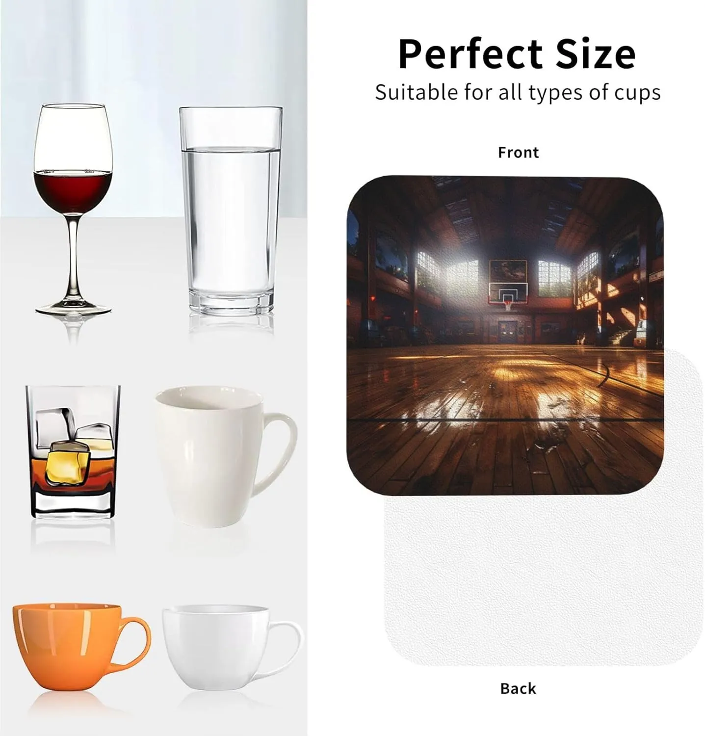 Square Coaster Set of 4, PU Leather Coasters for Drinks, 4" Drink Coasters for Coffee Table, Basketball Court Cup Coaster for Tabletop Protection Home Decor Cup Mat Pad