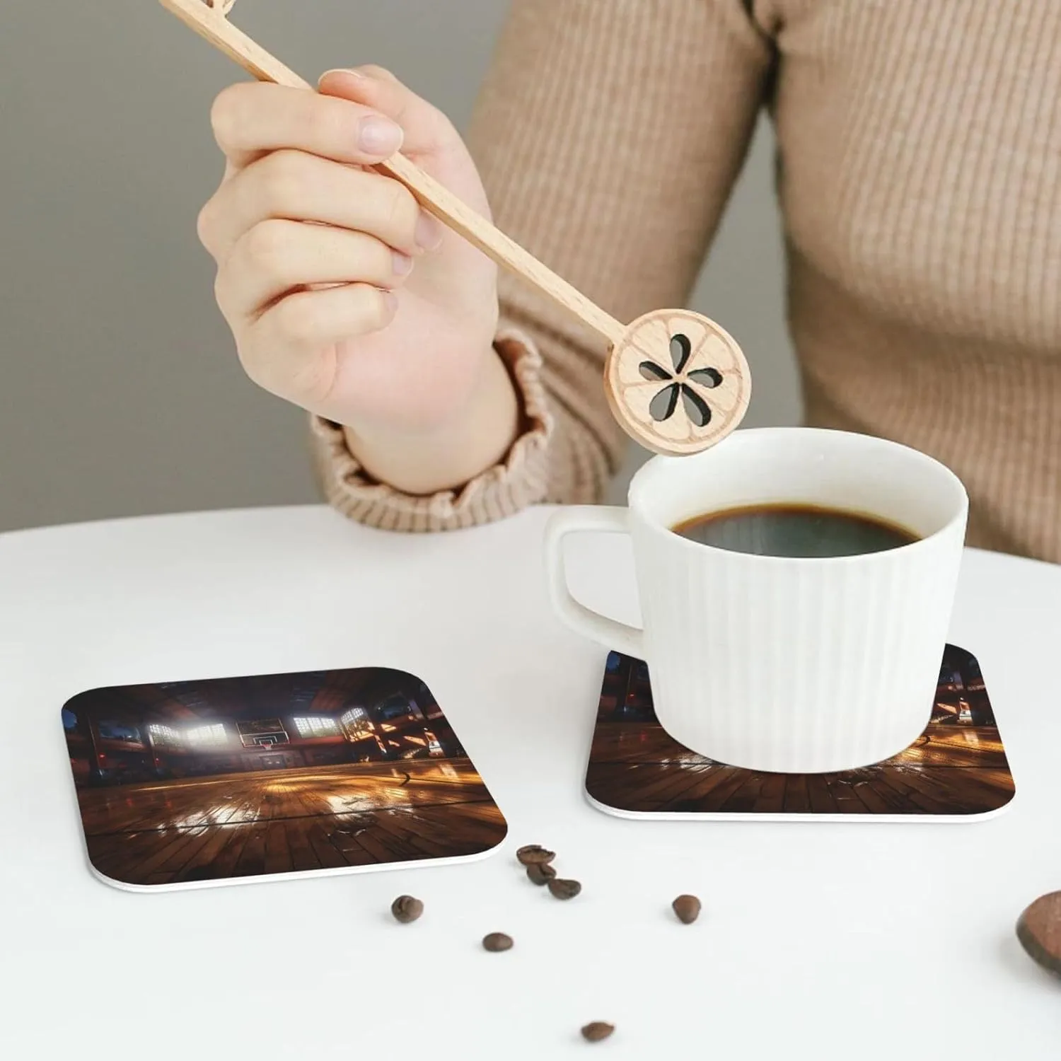 Square Coaster Set of 4, PU Leather Coasters for Drinks, 4" Drink Coasters for Coffee Table, Basketball Court Cup Coaster for Tabletop Protection Home Decor Cup Mat Pad