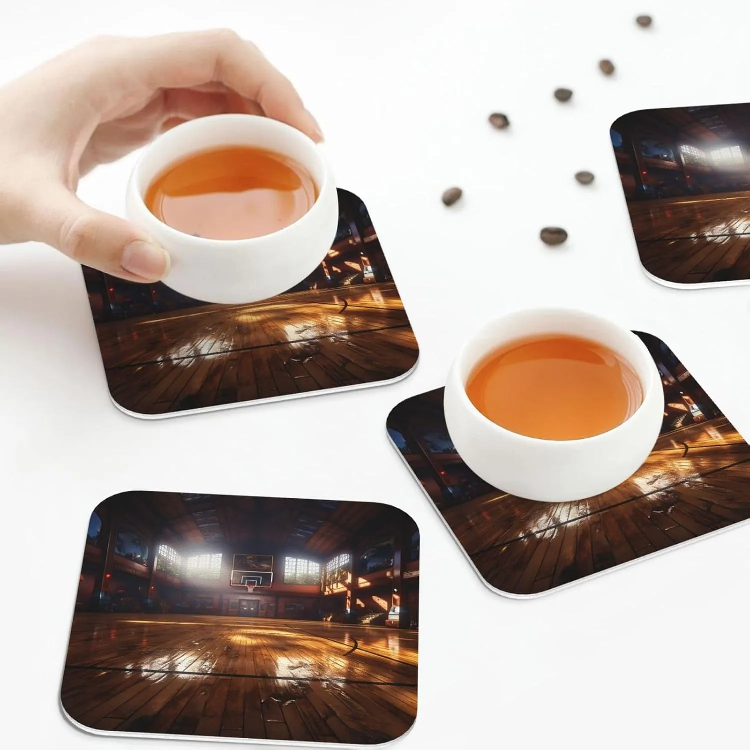 Square Coaster Set of 4, PU Leather Coasters for Drinks, 4" Drink Coasters for Coffee Table, Basketball Court Cup Coaster for Tabletop Protection Home Decor Cup Mat Pad