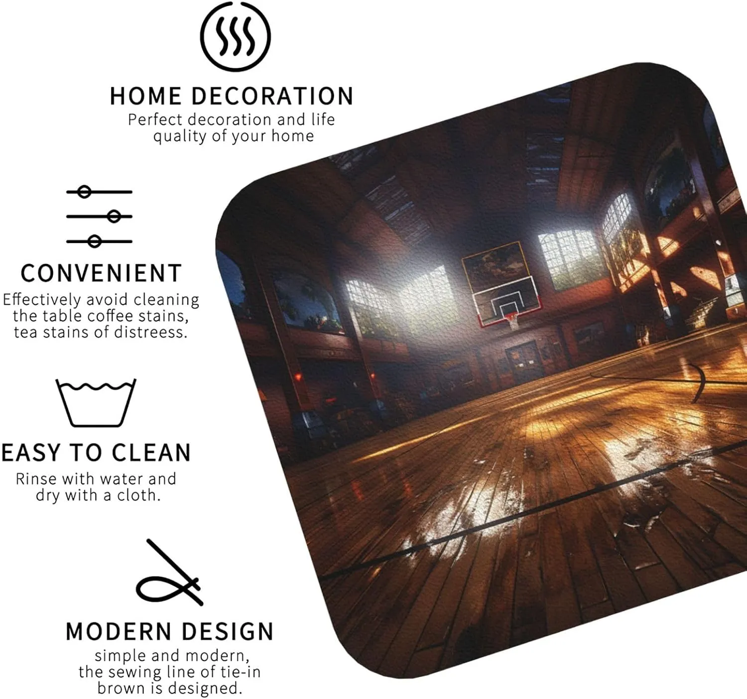 Square Coaster Set of 4, PU Leather Coasters for Drinks, 4" Drink Coasters for Coffee Table, Basketball Court Cup Coaster for Tabletop Protection Home Decor Cup Mat Pad