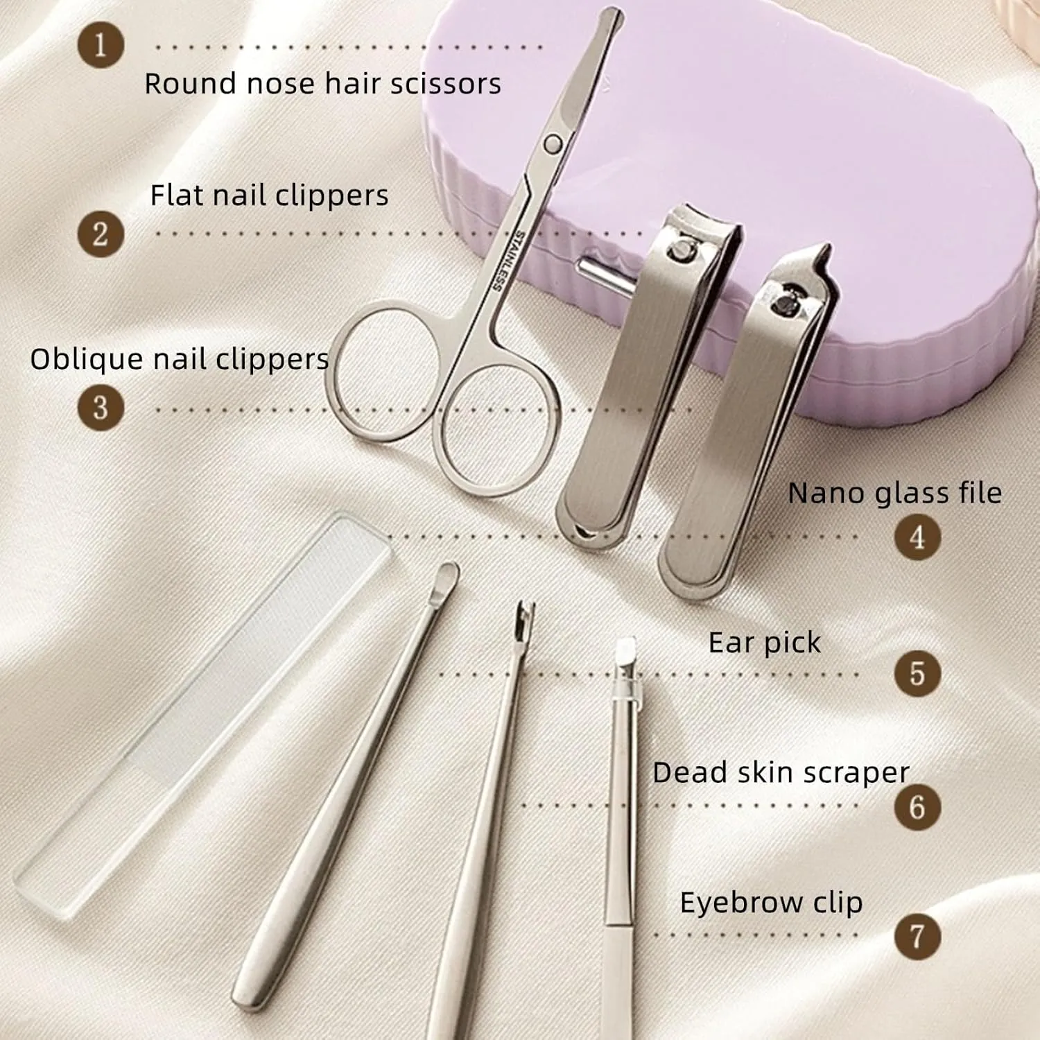 Stainless Steel Nail Clippers 7-Piece Set with Toenail Clippers, Nail File, Ear Pick, Eyebrow Clipper and Trimmer Bag - Gift for Men, Women, Seniors(White)