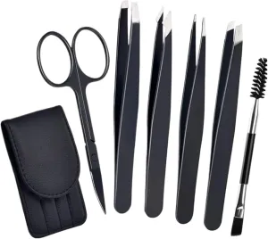 Stainless Steel Tweezers Curved Scissors Eyebrow Brush For Women And Men Precision Tweezers For Eyebrows For Ingrown(Black)