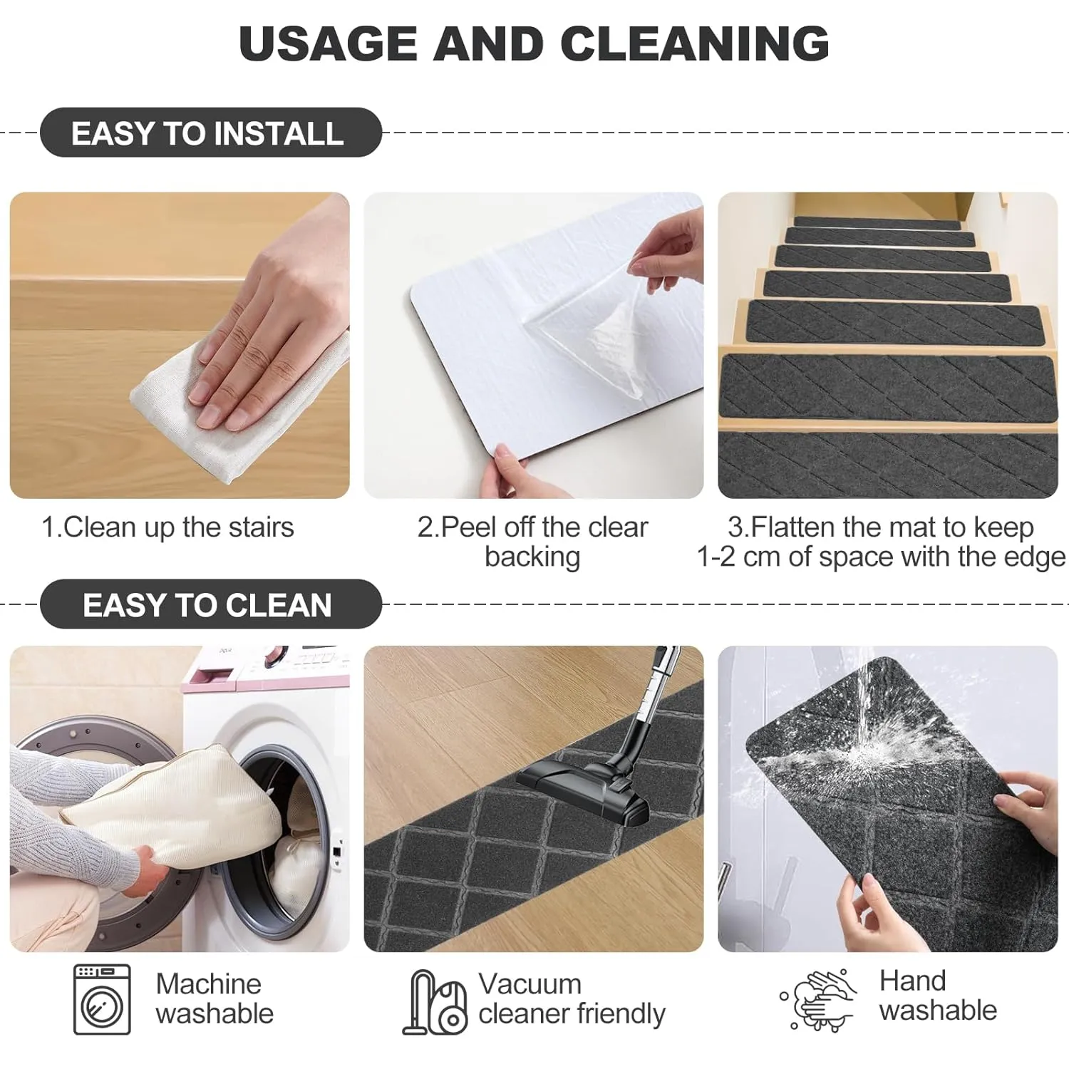Stair Treads for Wooden Steps Indoor, 15 Pack 8" X 30" Carpet Stair Treads Non Slip with Reusable Adhesive for Kids Elders and Dogs (Grey)