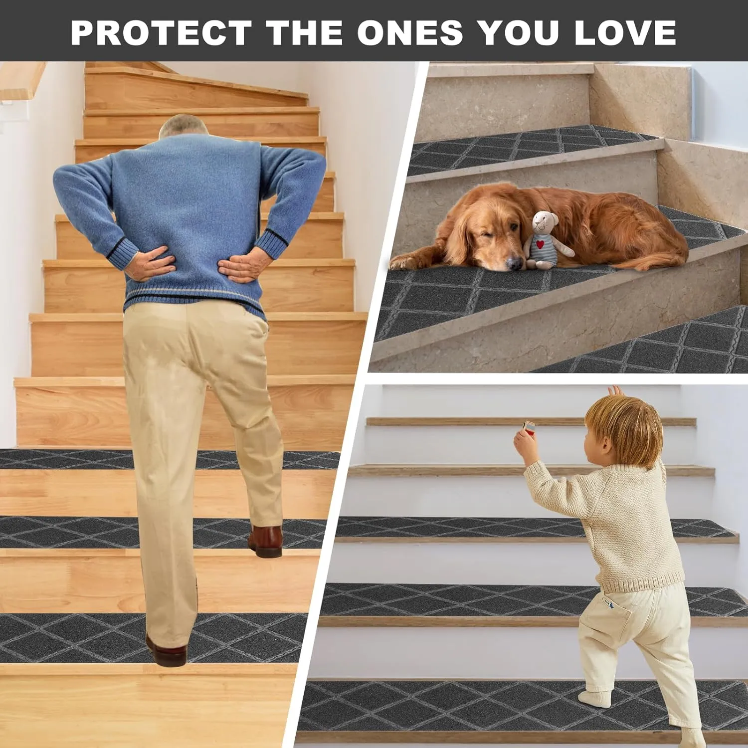 Stair Treads for Wooden Steps Indoor, 15 Pack 8" X 30" Carpet Stair Treads Non Slip with Reusable Adhesive for Kids Elders and Dogs (Grey)