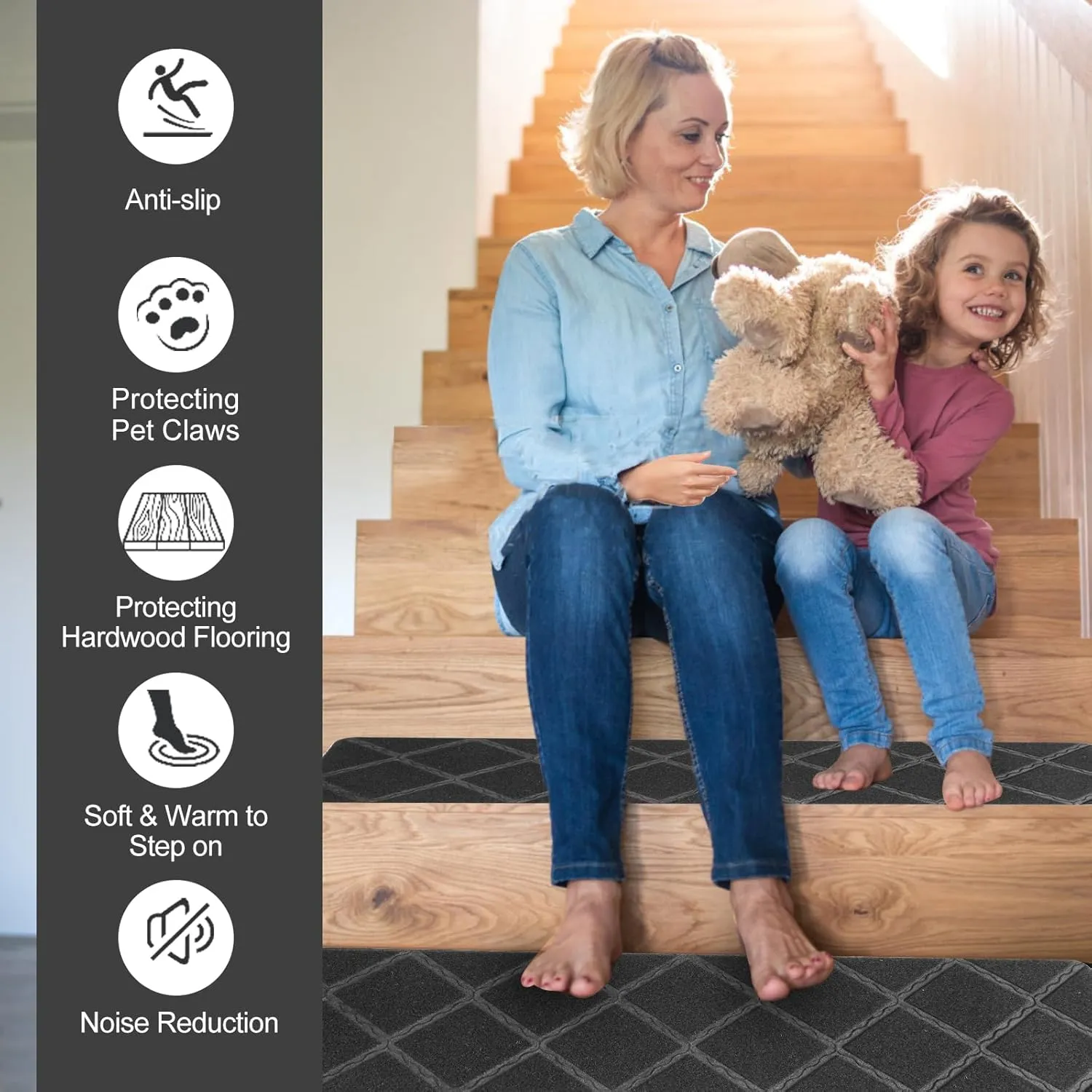 Stair Treads for Wooden Steps Indoor, 15 Pack 8" X 30" Carpet Stair Treads Non Slip with Reusable Adhesive for Kids Elders and Dogs (Grey)