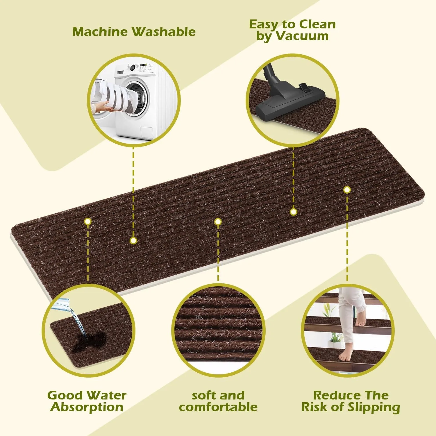 Stair Treads Non-Slip 16 Pack 8"x30" - Carpet Stair Runner for Indoor Wooden Steps with TPE Backing & Anti-Skid Surface, Reusable Adhesive Safety Rug for Kids/Elder/Pet-Friendly - Brown