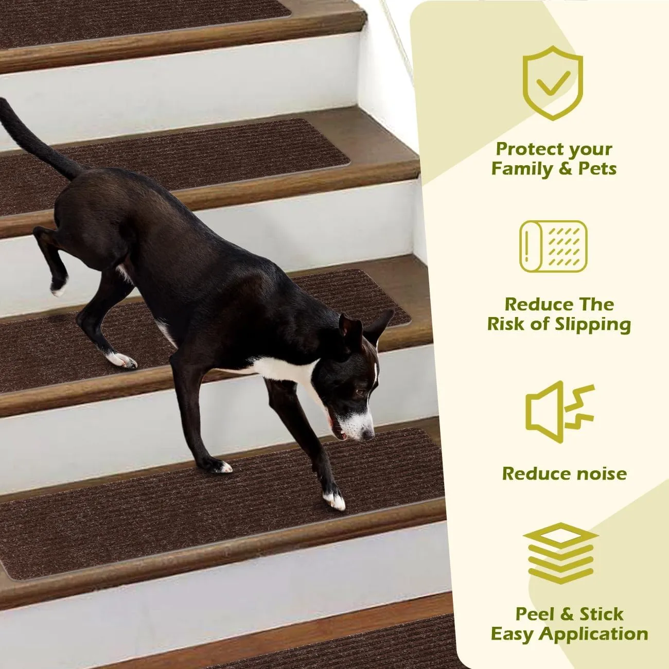 Stair Treads Non-Slip 16 Pack 8"x30" - Carpet Stair Runner for Indoor Wooden Steps with TPE Backing & Anti-Skid Surface, Reusable Adhesive Safety Rug for Kids/Elder/Pet-Friendly - Brown