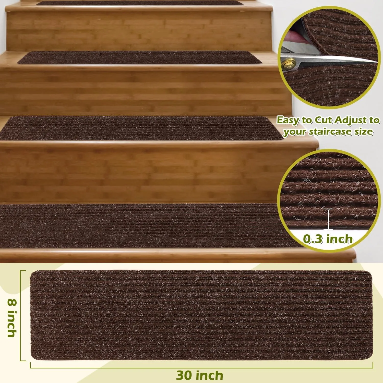 Stair Treads Non-Slip 16 Pack 8"x30" - Carpet Stair Runner for Indoor Wooden Steps with TPE Backing & Anti-Skid Surface, Reusable Adhesive Safety Rug for Kids/Elder/Pet-Friendly - Brown