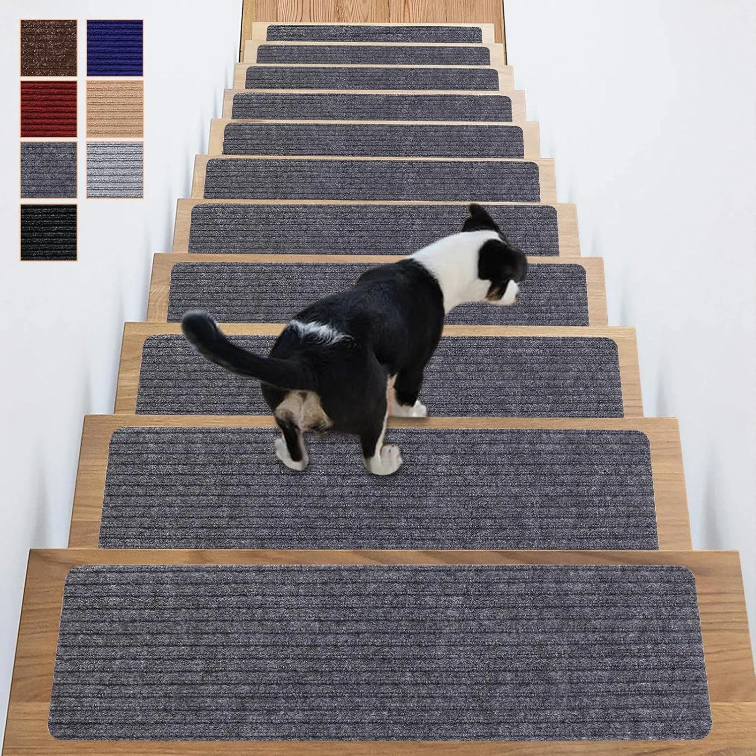 Stair Treads Non-Slip 16 Pack 8"x30" - Carpet Stair Runner for Indoor Wooden Steps with TPE Backing & Anti-Skid Surface, Reusable Adhesive Safety Rug for Kids/Elder/Pet-Friendly - Grey