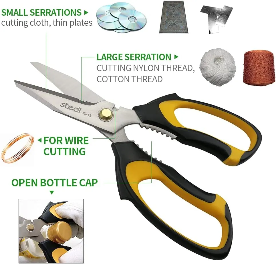 Stedi 8-inch Scissors Heavy Duty, Multipurpose Scissors, Stainless Steel Blade, with Small Serrations and Protective Cover, Comfortable Non-Slip Handle, Easy Cutting Cardboard,Wires,Leather, Fabric.